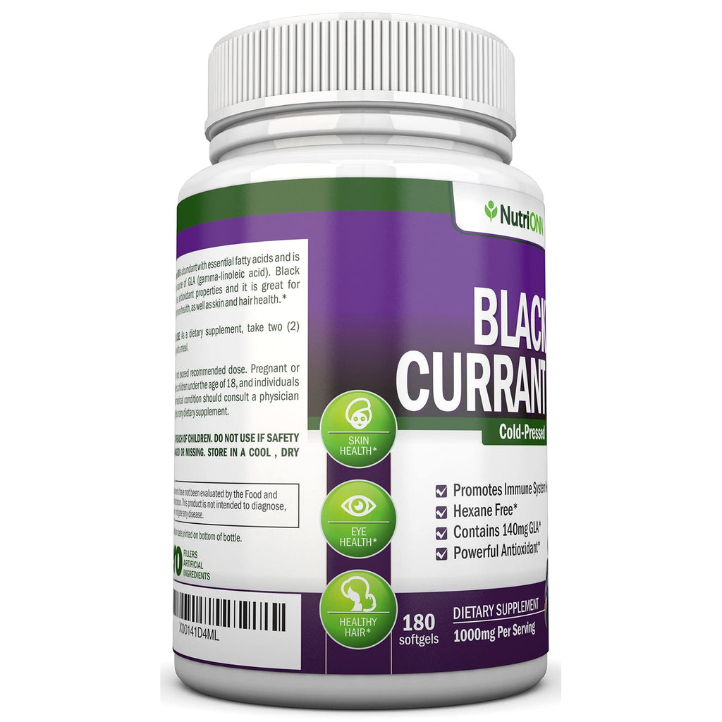 Black Currant Oil - 1000 Mg - 180 Softgels - Cold-Pressed Pure Black Currant Seed Oil - Hexane Free - 140mg GLA Per Serving - Regulates Hormonal Balance - Great For Immune System, Hair and Skin