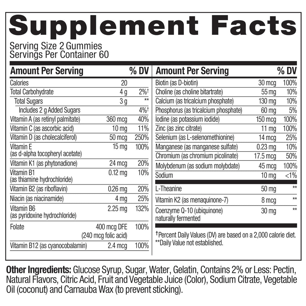 OLLY Women's 40+ Multi Gummies, 20 Key Nutrients Plus Vitamin K2, CoQ10, L-Theanine, Chewable Gummy Supplement, Peach Berry Flavored, 45 Day Supply - 120 Count