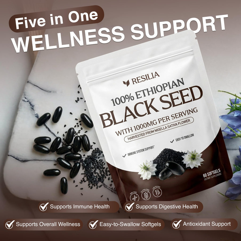 Resilia Ethiopian Black Seed Softgels 1000mg Per Serving | Premium Nigella Sativa Seed Oil Supplement – Digestive & Immune Support Formula – Easy to Swallow Soft Capsules (60 Count)
