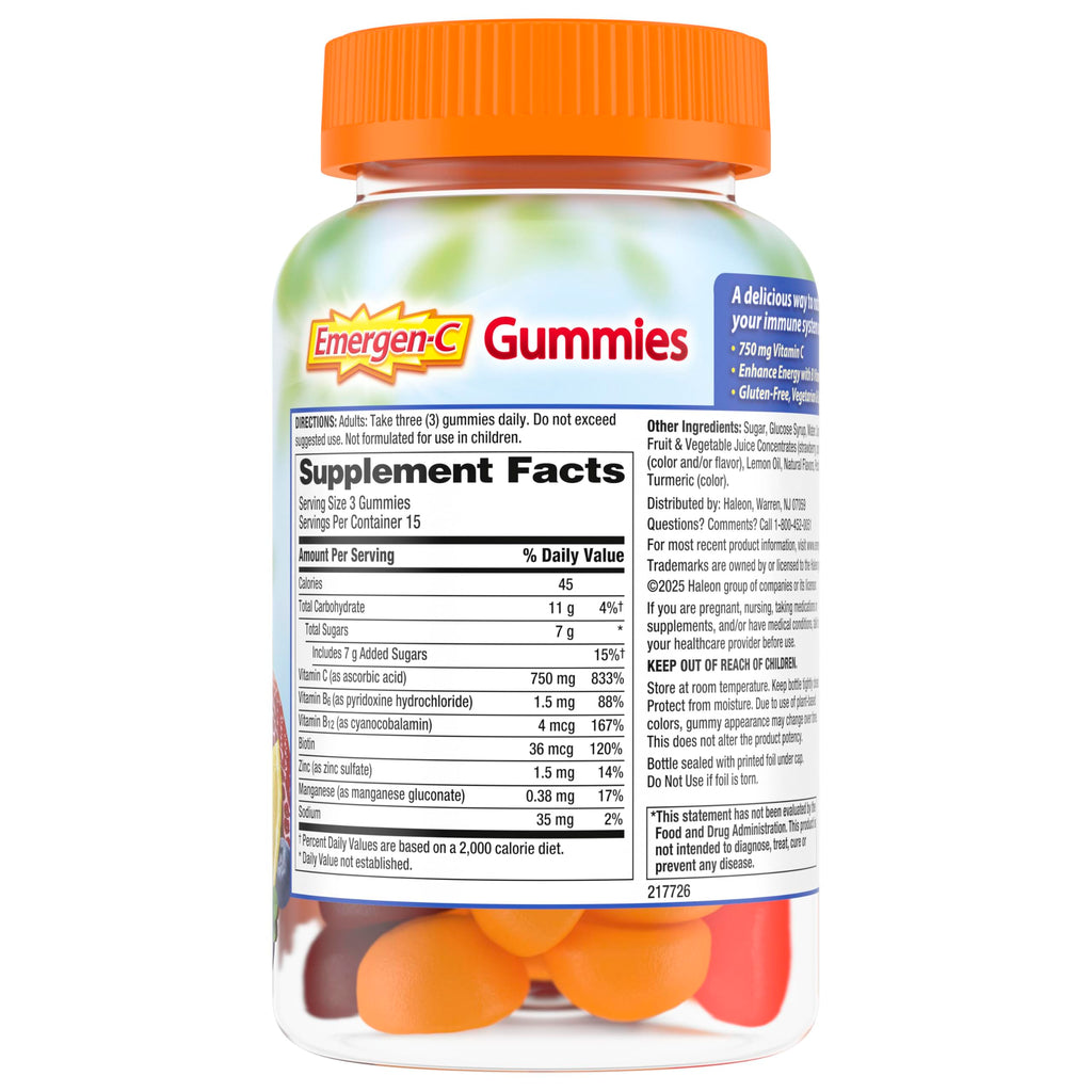 Emergen-C Vitamin C 750mg Immune Support Gummies, Mixed Fruit, 45 Gummies | B Vitamins for Energy, Gluten Free, Vegetarian, No Artificial Sweeteners, Chewable Gummies
