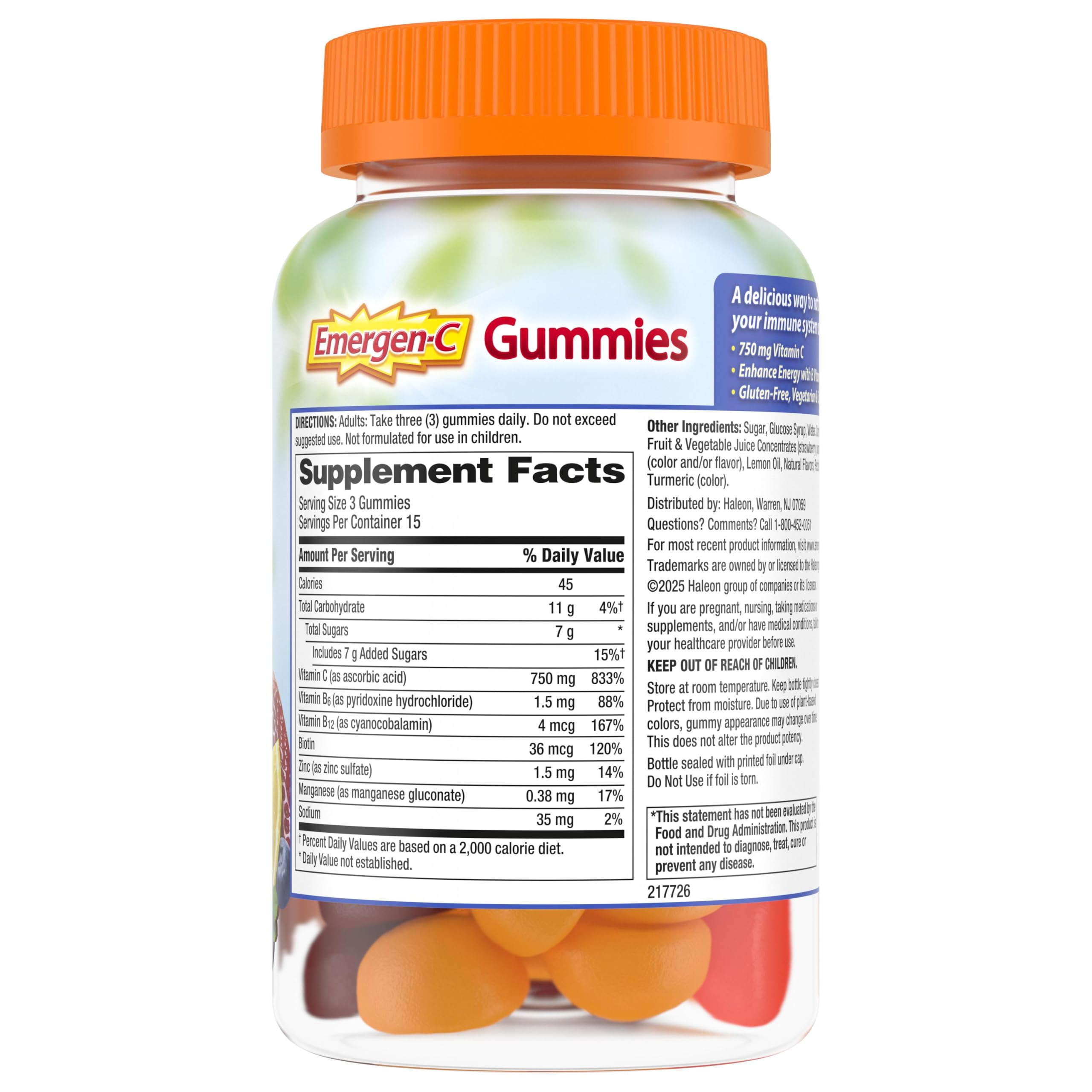 Emergen-C Vitamin C 750mg Immune Support Gummies, Mixed Fruit, 45 Gummies | B Vitamins for Energy, Gluten Free, Vegetarian, No Artificial Sweeteners, Chewable Gummies