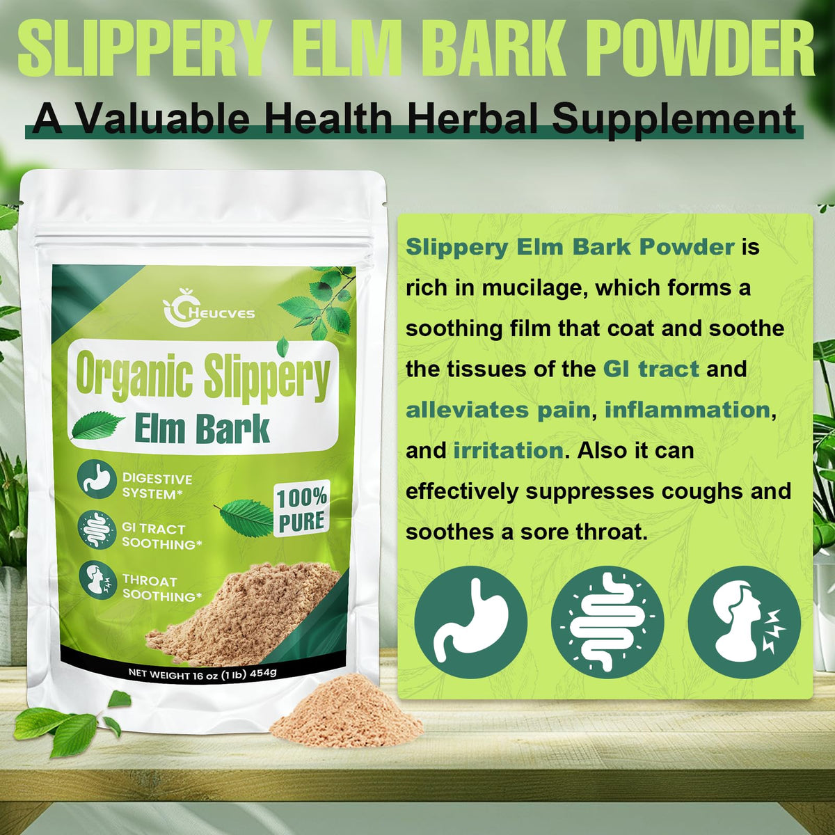 Slippery Elm, Slippery Elm Powder Organic, from Inner Bark (349 Serving)
