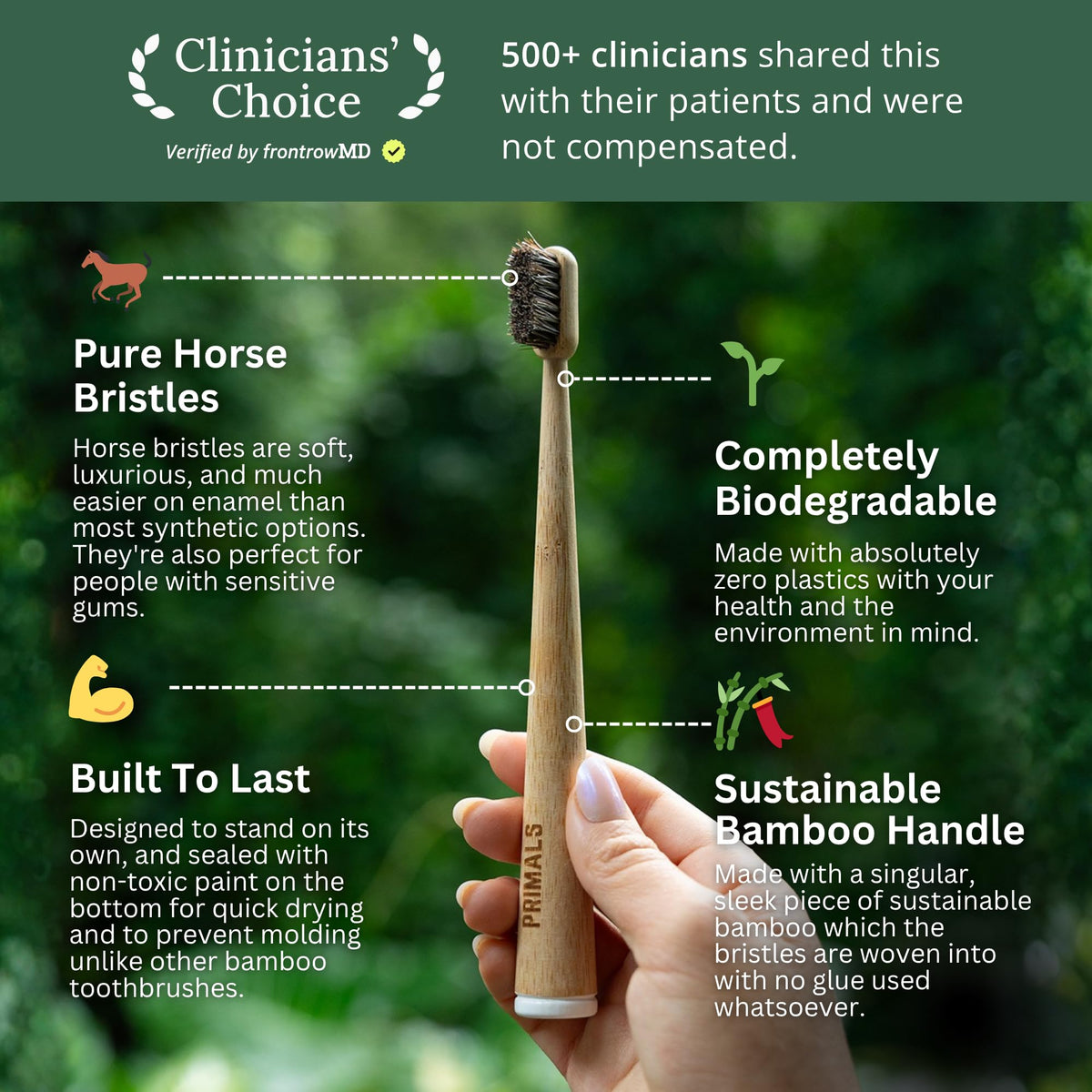 PRIMALS Horse Bristle & Bamboo Toothbrush (4-Pack) - Luxurious & Soft Horse Bristles - Fully Biodegradable - Plastic & Nylon Free - Quick Dry Design