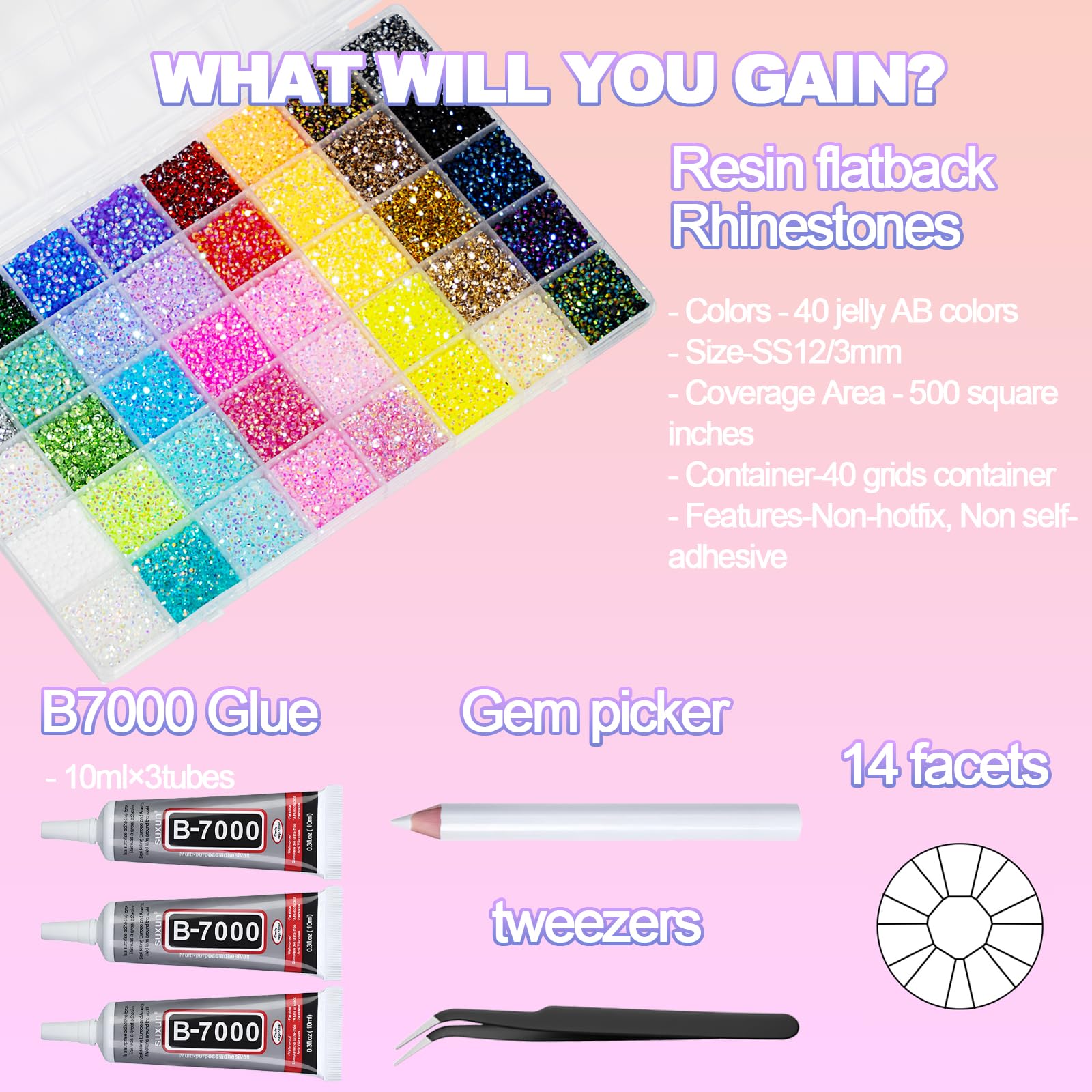 50000+Pcs Rhinestones for Bedazzling Kit 3mm Gems Bedazzler Set | 40 Colors Flat Back Resin Jelly Bedazzled Kits with 3Pcs 10ml B7000 Jewelry Glue for Book Diamond Nail Art, Multicolor