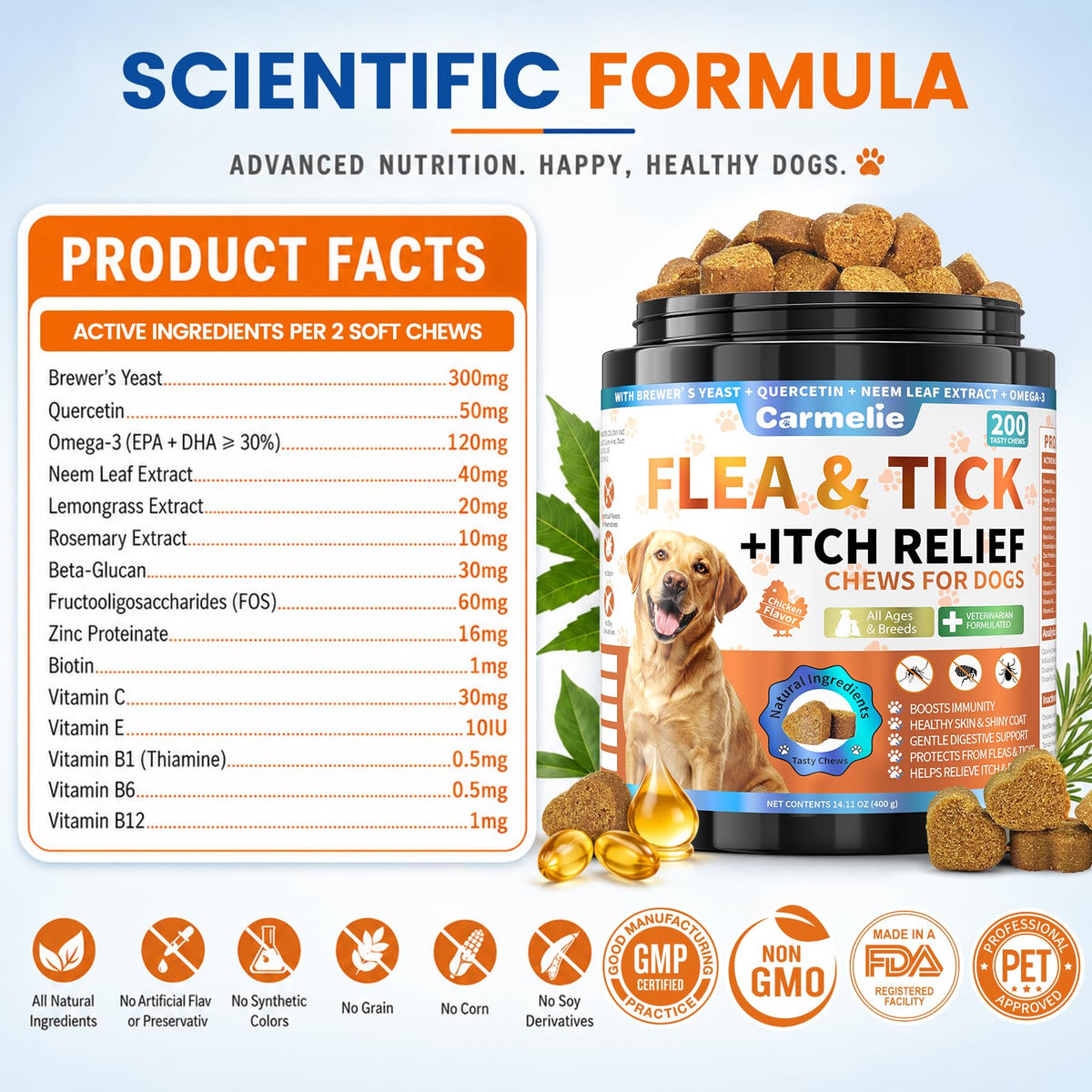 Carmelie Flea and Tick Prevention for Dogs, Flea & Tick + Itch Relief Chews