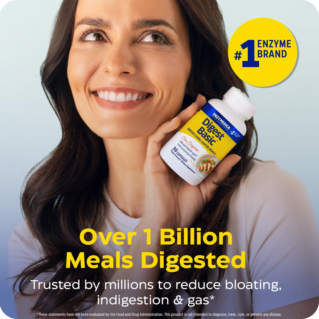 Enzymedica Digest Basic - Helps Gas & Bloating - 30 Caps | Digestive Enzyme Supplement for Women & Men, Enzyme Capsules for Digestion, Gut Health Support, For Sensitive Stomachs, Vegan