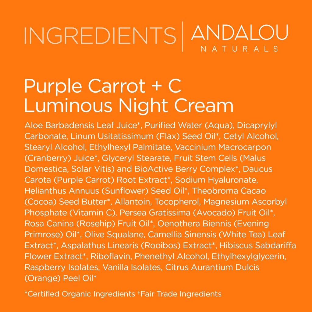 Buy now Andalou Naturals Purple Carrot + Vitamin C Luminous Skin Night Cream - Hydrating Face Moisturizer - With Fruit Stem Cell Complex for Radiant Skin - 1.7 fl oz at indiglob india