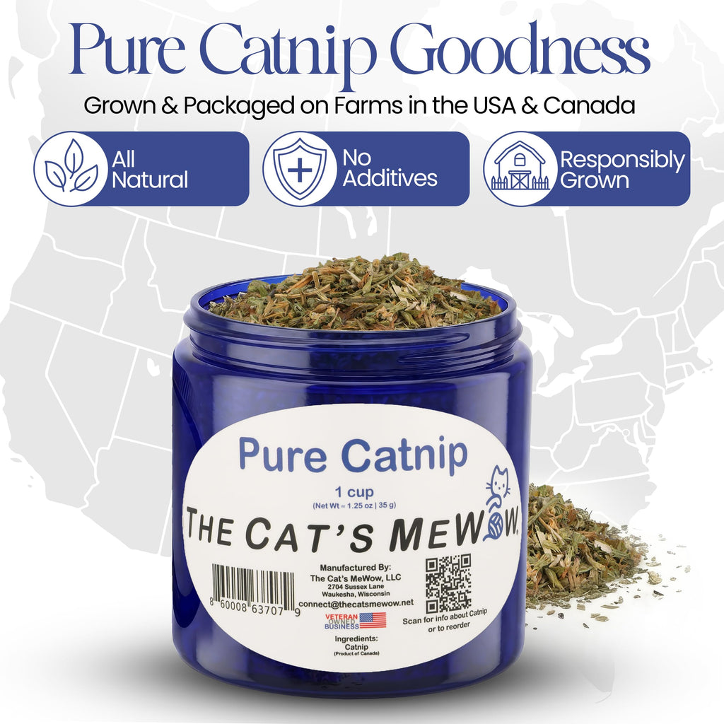 The Cat's MeWow 100% Pure Catnip – North American Grown – Strong Aroma for Play & Enrichment – Resealable Freshness Jar – Veteran-Owned Brand