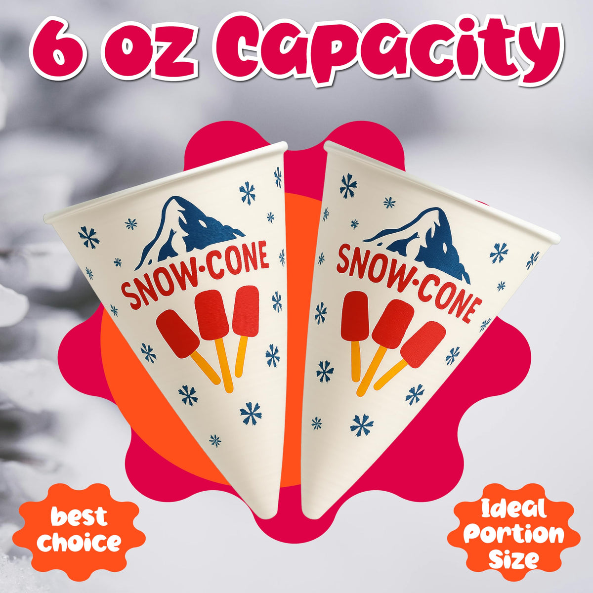 Concession Essentials Paper Snow Cone Cups, 6 oz, Wax Coated, Leakproof Water Cups for Shaved Ice, Water Cooler Dispenser, 100 Count