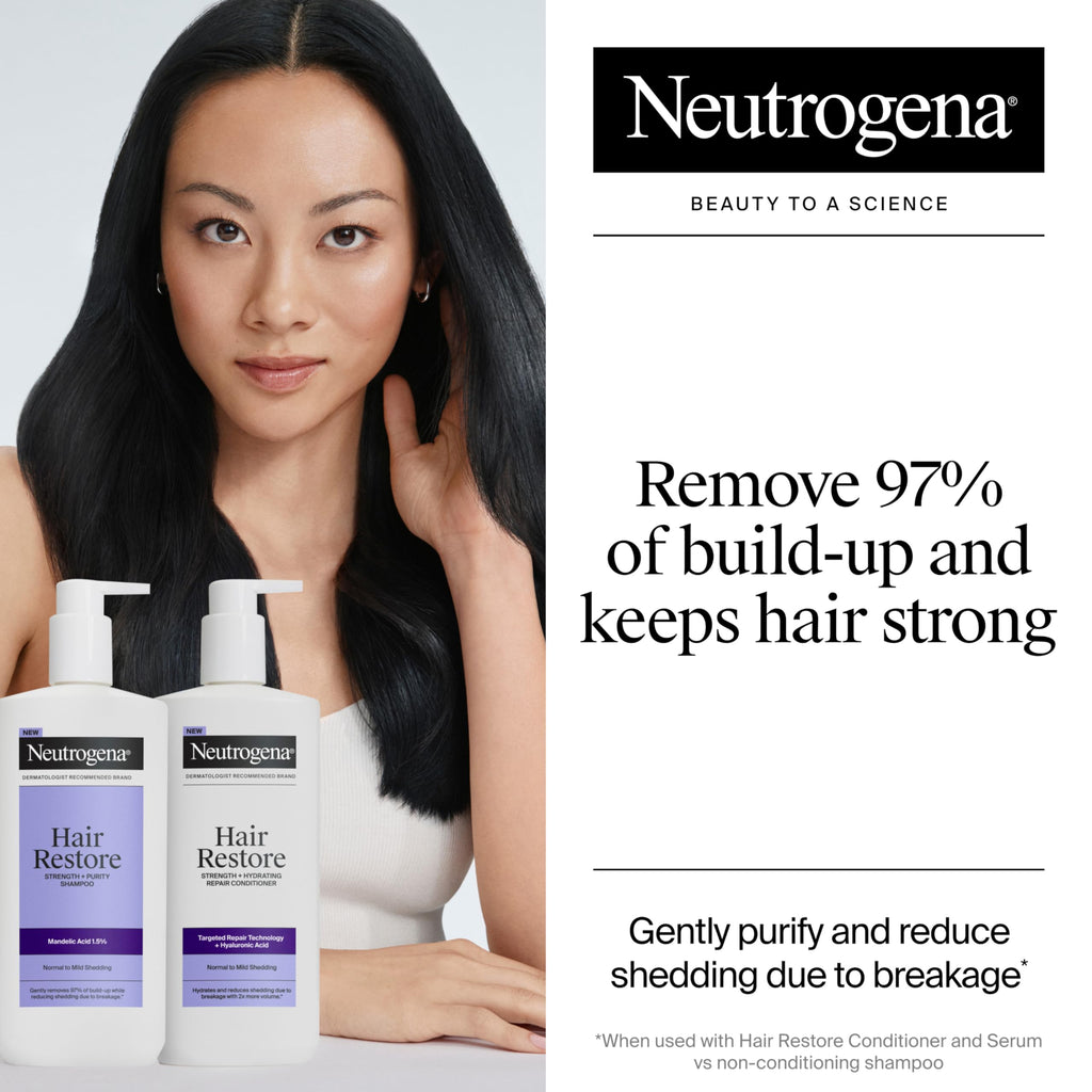 Buy now Neutrogena Hair Restore Strength + Purity Shampoo, Exfoliating Hair Wash with 1.5% Mandelic Acid Gently Removes 97% of Buildup & Reduces Shedding due to Breakage, Paraben-Free, 13 fl oz at indiglob india