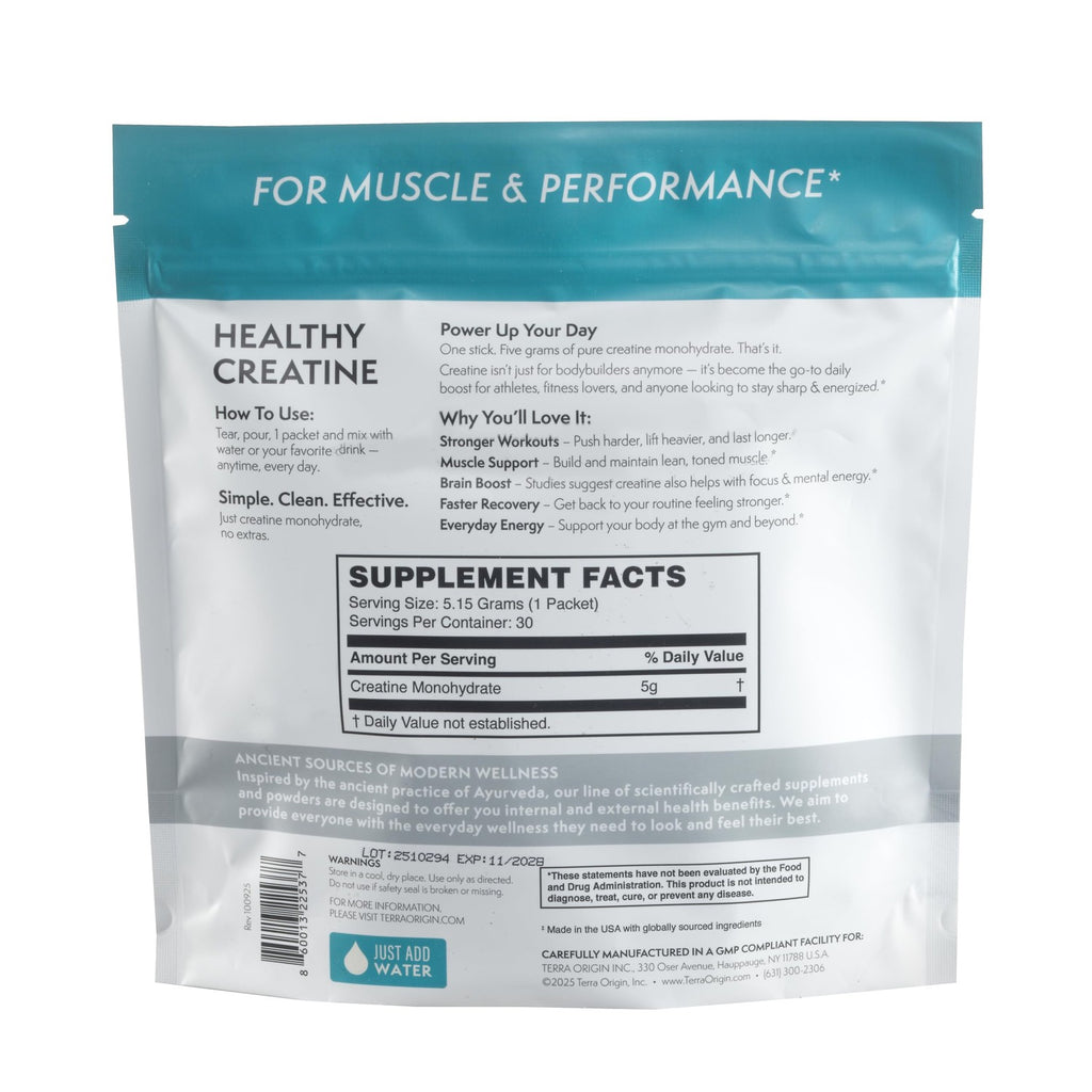 TERRA ORIGIN Healthy Creatine Micronized Monohydrate Powder | 30 Stick Packs | Support for Muscle and Cognitive Performance* | Supplement for Women and Men | Unflavored, Gluten Free, Zero Sugar