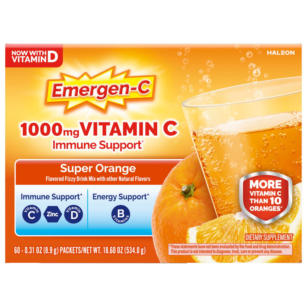 Emergen-C 1000mg Vitamin C Immune Support Powder, Super Orange, 60 ct | B Vitamins for Energy, Zinc and Manganese, Vitamin D, Electrolytes, Natural Flavor, Dissolves Quick