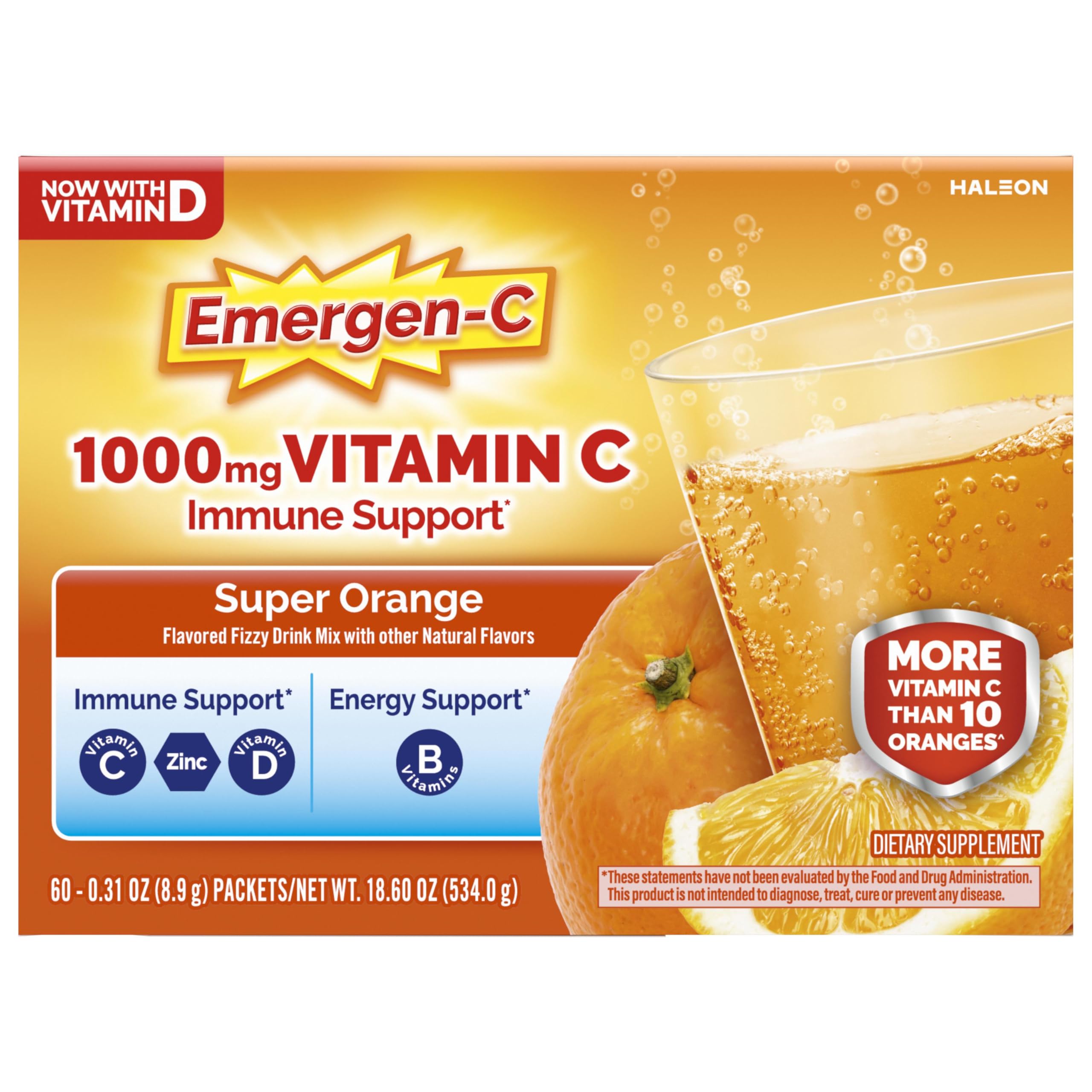 Emergen-C 1000mg Vitamin C Immune Support Powder, Super Orange, 60 ct | B Vitamins for Energy, Zinc and Manganese, Vitamin D, Electrolytes, Natural Flavor, Dissolves Quick