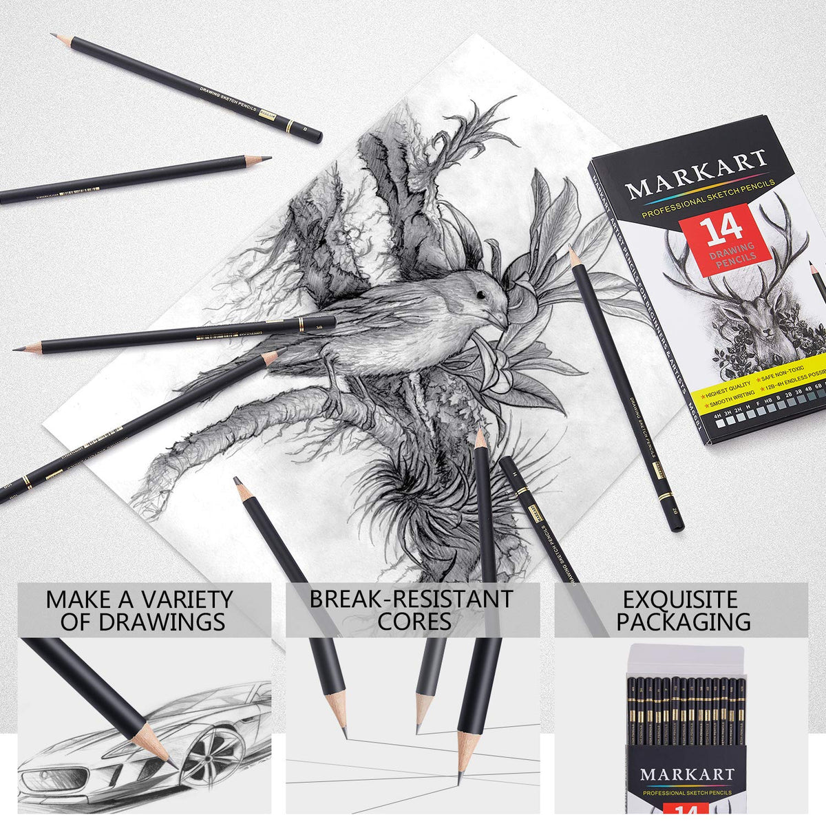 MARKART Drawing Sketching Pencils Set, 14 Pieces, Graphite Pencil(12B - 4H)