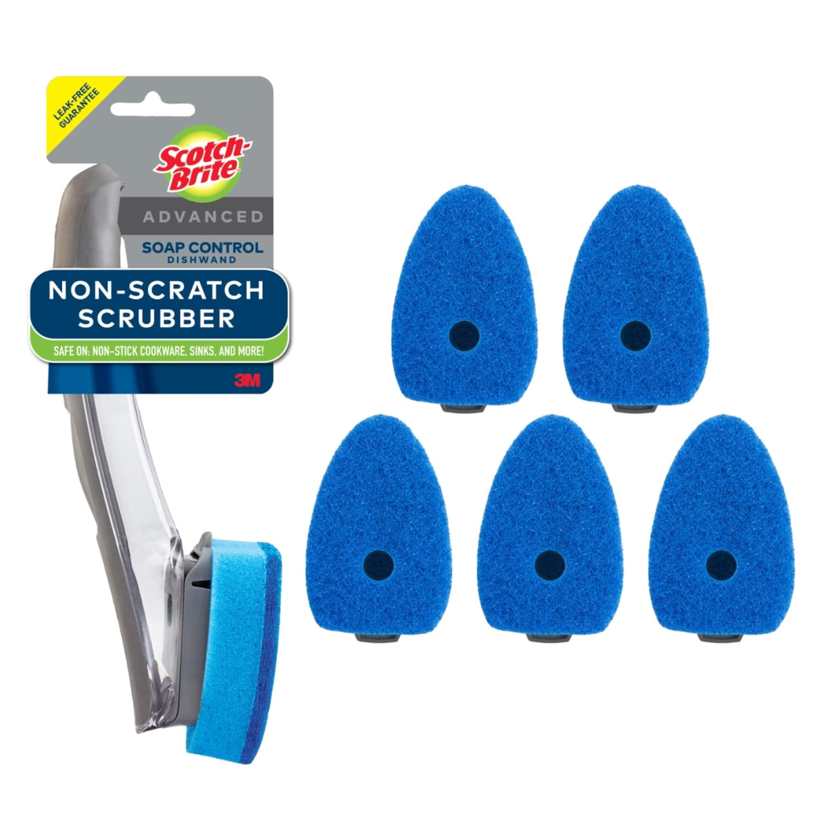 Scotch-Brite Advanced Soap Control Non-Scratch Dishwand Kit, 1 Dish Wand & 5 Sponge Refills, Prevents Soap from Leaking, Leak-Free Guarantee, Best for Nonstick Pots and Pans, Glass, Tubs, & Showers