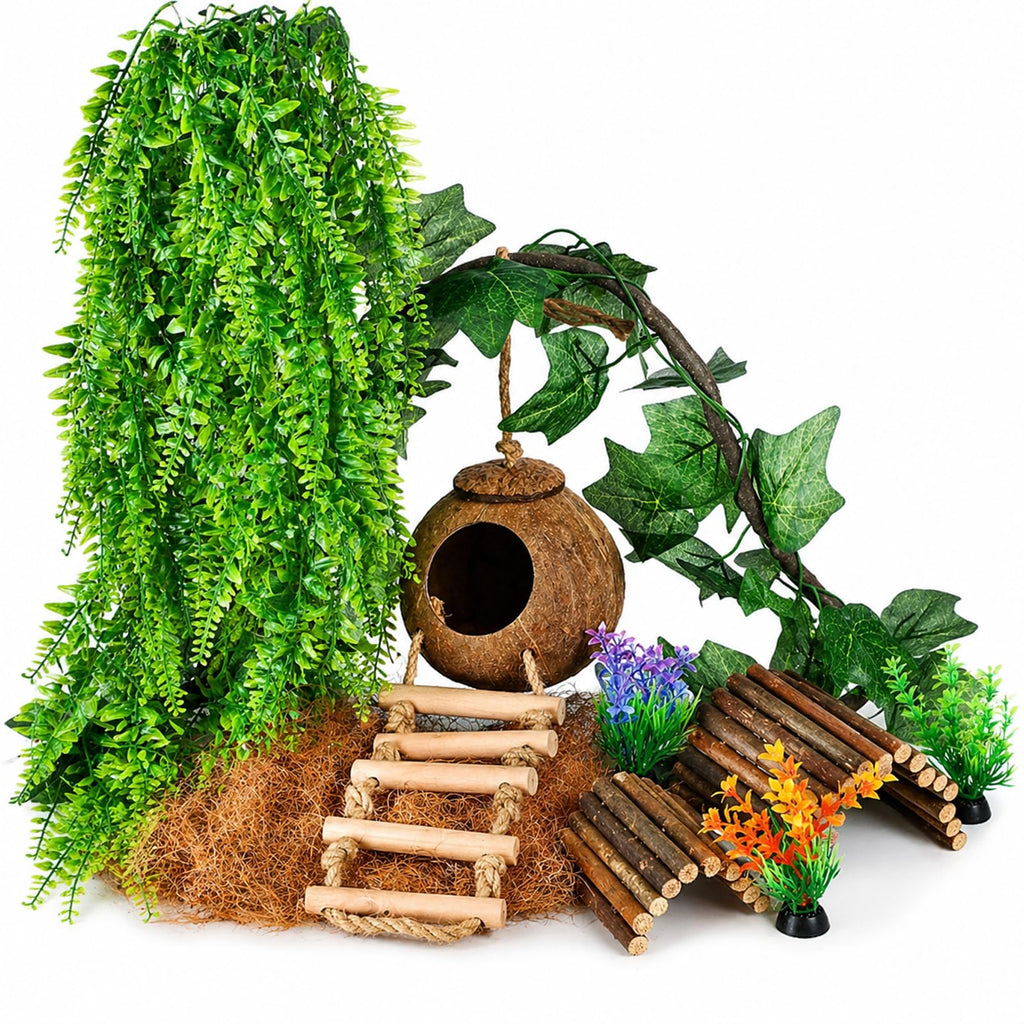 HERCOCCI Crested Gecko Tank Accessories, Reptile Hanging Plants Vines with Natural Coconut Shell Hideout & Climbing Ladder Decor for Hermit Crab Lizard Leopard Gecko Chameleon Snake Terrarium Decor