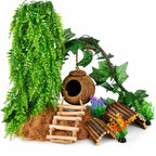 HERCOCCI Crested Gecko Tank Accessories, Reptile Hanging Plants Vines with Natural Coconut Shell Hideout & Climbing Ladder Decor for Hermit Crab Lizard Leopard Gecko Chameleon Snake Terrarium Decor