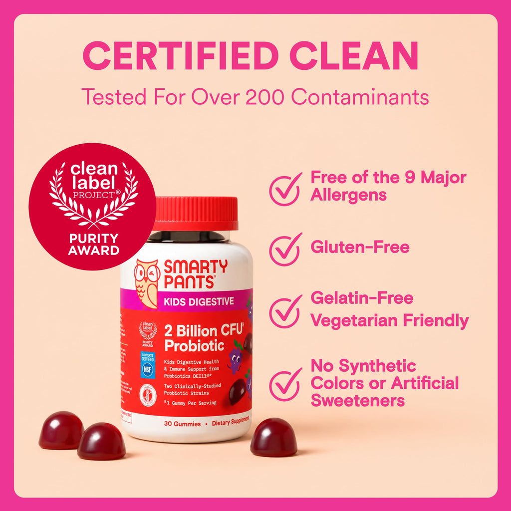 SmartyPants Kids Probiotic Gummies for Digestive Health: 2 Billion CFU Gut Health and Immune Support Supplement, Clinically Studied Probiotic, Gluten Free, Grape, 30 Count (30 Day Supply)