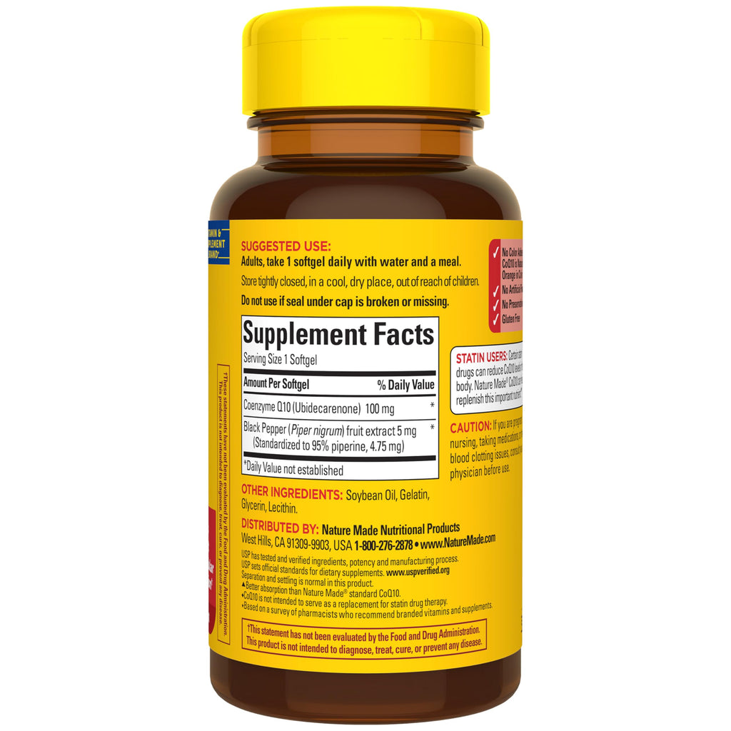 Nature Made CoQ10 100mg with Black Pepper Extract for Enhanced Nutrient Absorption, Dietary CoQ10 Supplement for Heart Health Support, 30 Softgels, 30 Day Supply