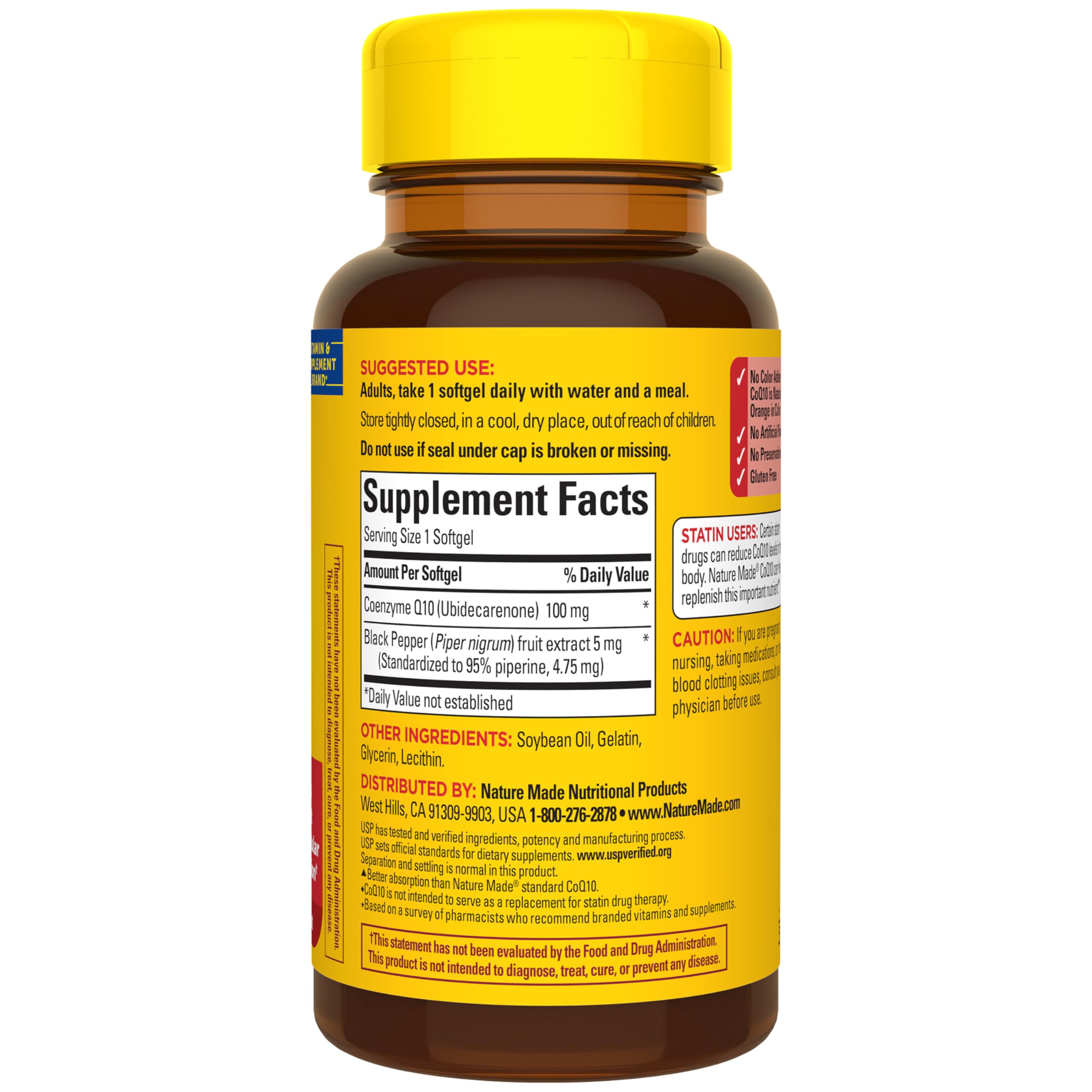 Nature Made CoQ10 100mg with Black Pepper Extract for Enhanced Nutrient Absorption, Dietary CoQ10 Supplement for Heart Health Support, 30 Softgels, 30 Day Supply