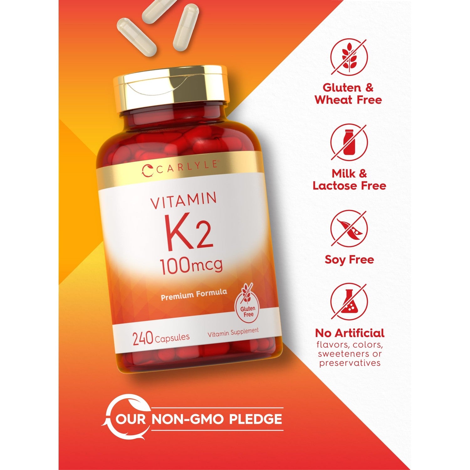 Carlyle Vitamin K2 Supplement 100 mcg | K2 MK-4 | 240 Capsules | Non-GMO & Gluten Free