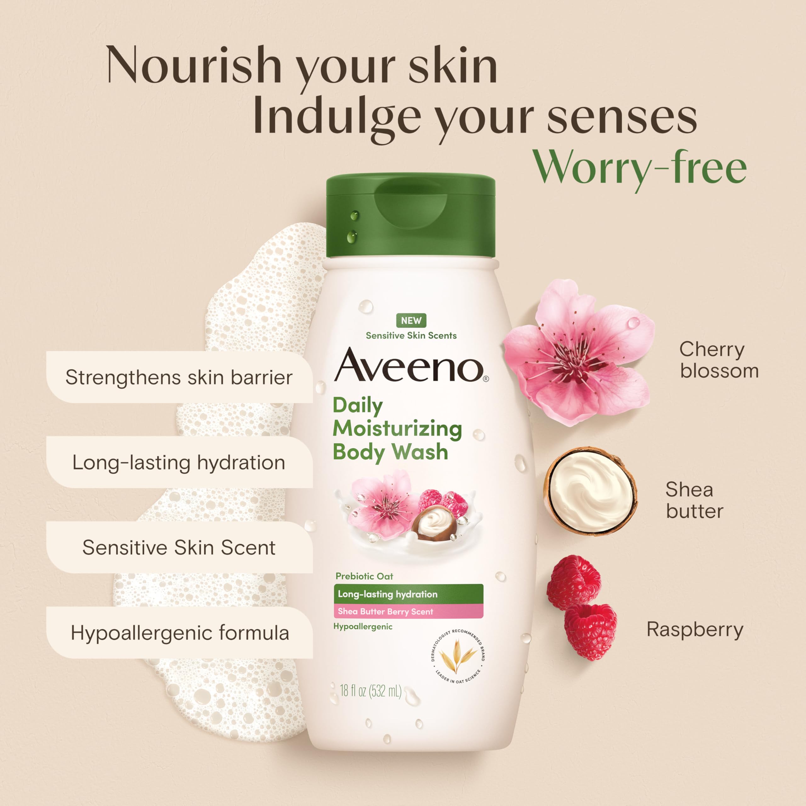 Aveeno Daily Moisturizing Body Wash, Shea Butter Berry, 18 fl. oz | Shea Butter Berry Scent, Soothing Prebiotic Oat, Long-Lasting Hydration for Sensitive Skin, Hypoallergenic, Paraben-Free