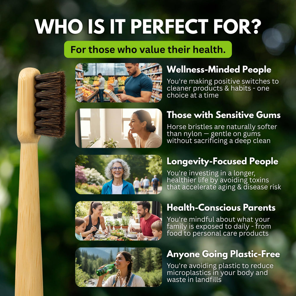 PRIMALS Horse Bristle & Bamboo Toothbrush (4-Pack) - Luxurious & Soft Horse Bristles - Fully Biodegradable - Plastic & Nylon Free - Quick Dry Design
