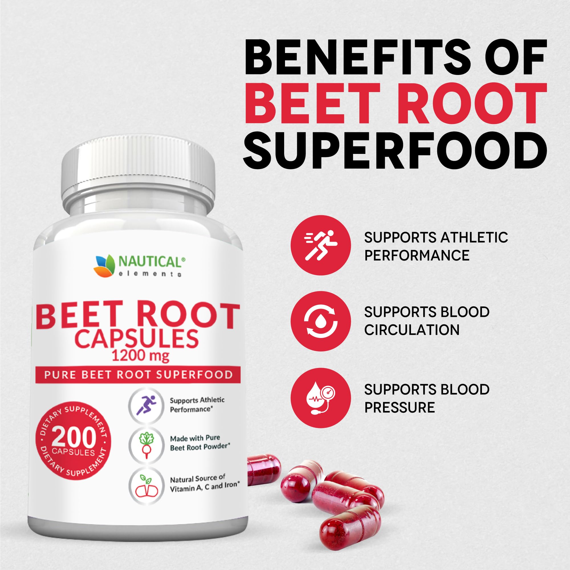 Beet Root Capsules - 1200mg Per Serving - 200 Beet Root Powder Capsules | Beetroot Powder Supports Blood Pressure, Athletic Performance, Digestive, Immune System Pure, Non-GMO & Gluten Free 100 Days