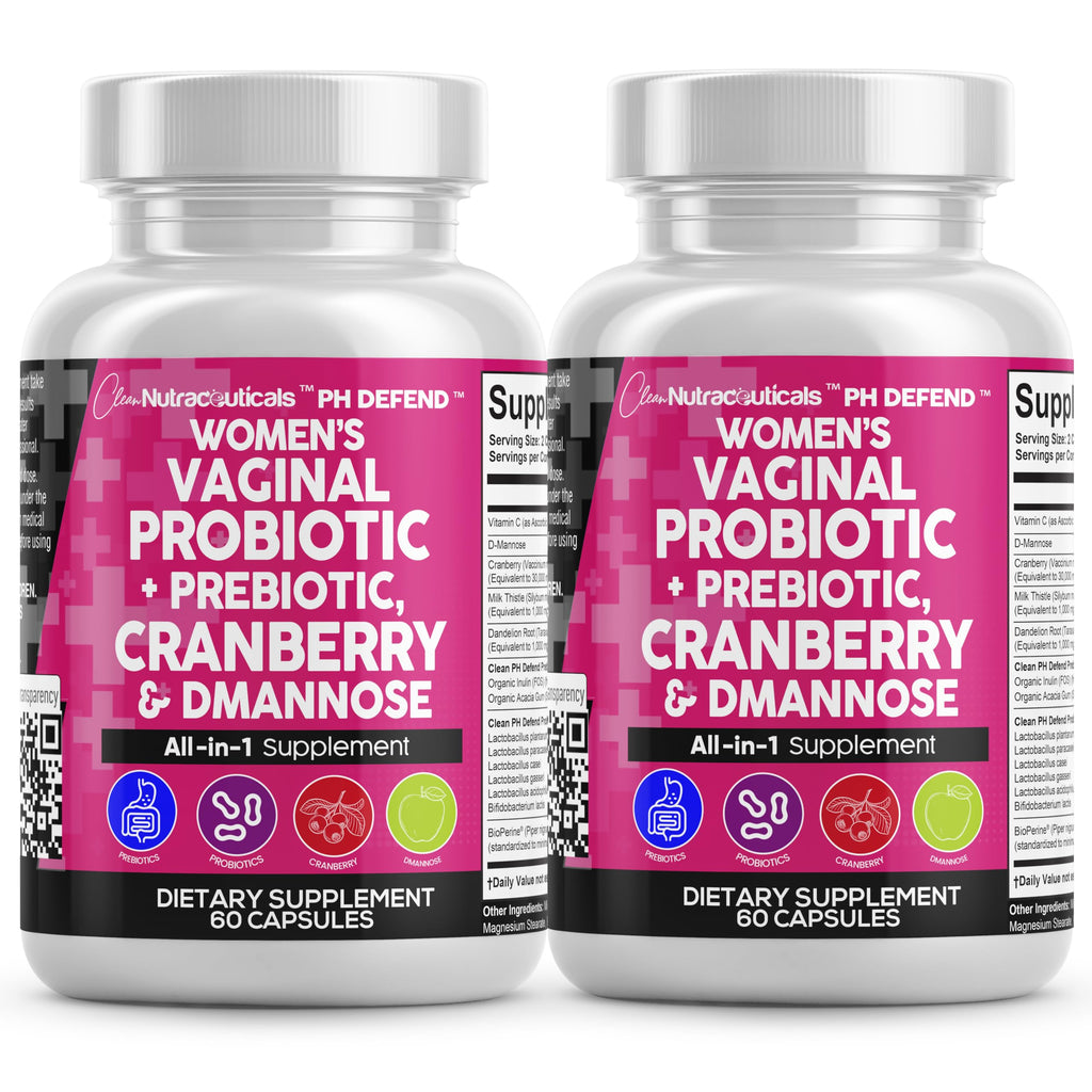 Clean Nutraceuticals Vaginal Probiotics for Women with Cranberry, D-Mannose, Prebiotics, pH Balance Support, Feminine Health, Urinary Tract Cleanse – Capsule Alternative to Gummies – 60 Count