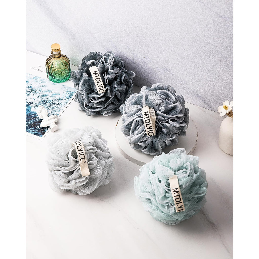 MTDLYICE Loofah Sponge, XXL Large Loofah 100g 4 Pack, Bath Sponge Soft Mesh Shower Loofah for Men, Body Scrub, Shower Pouf Bath Accessories, for Body Wash, Soap (Blue Gray)