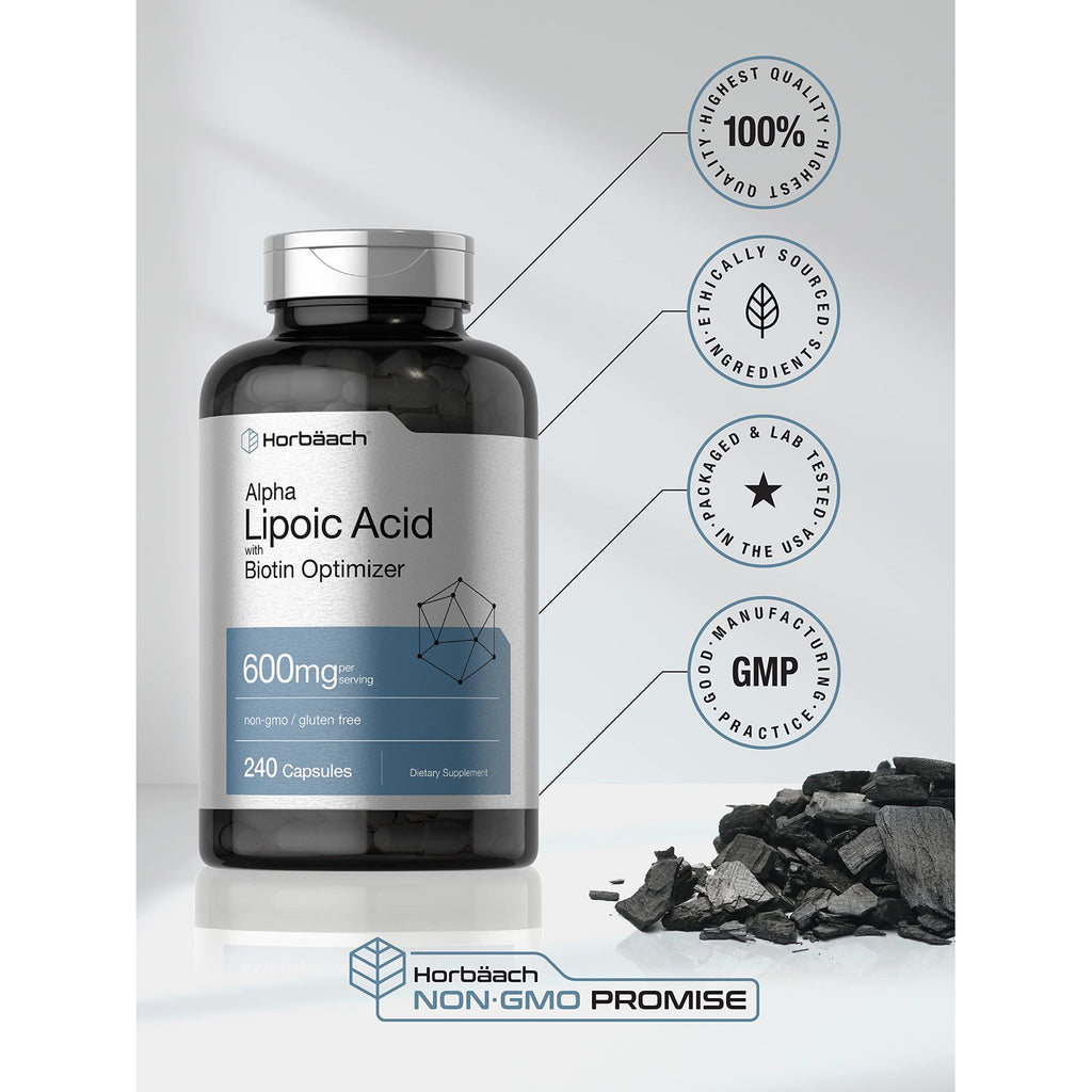Horbäach Alpha Lipoic Acid 600mg | 240 Capsules | with Biotin Optimizer | Non-GMO and Gluten Free Supplement