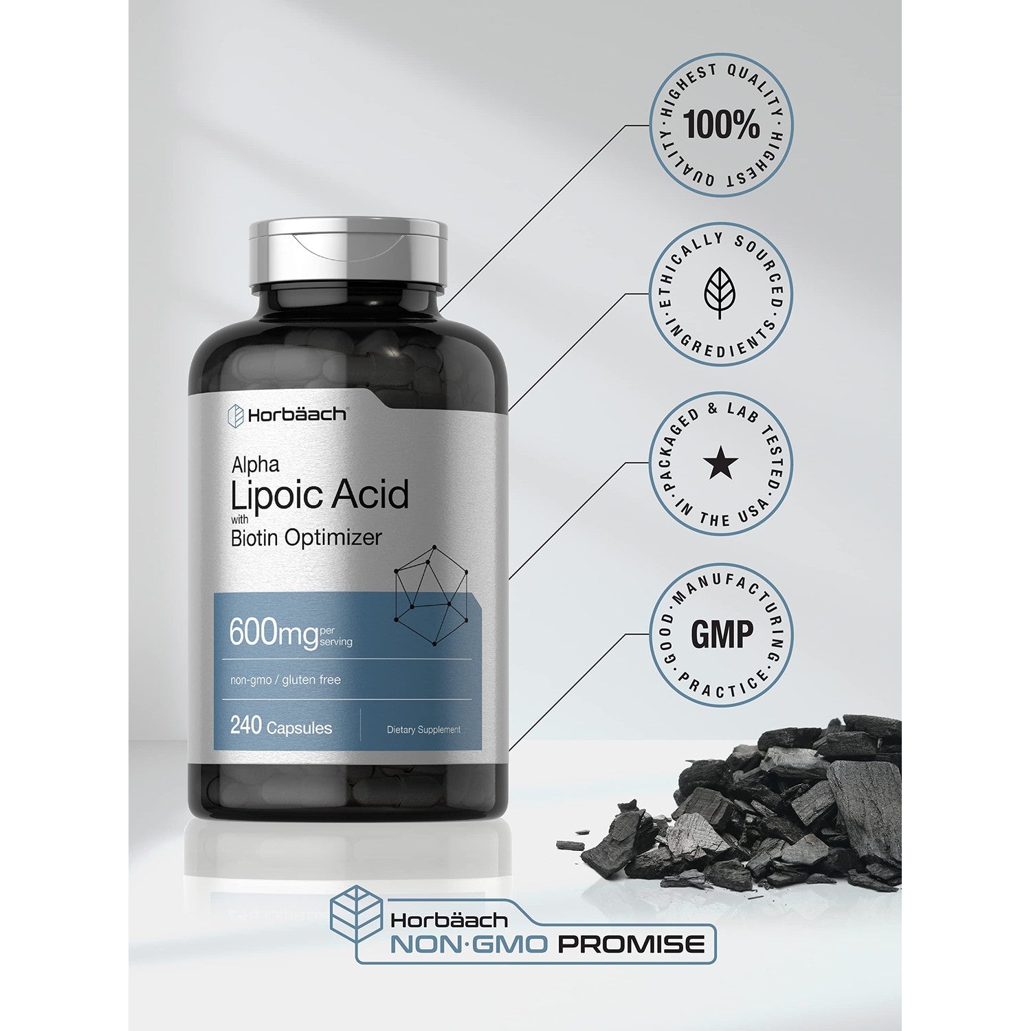 Horbäach Alpha Lipoic Acid 600mg | 240 Capsules | with Biotin Optimizer | Non-GMO and Gluten Free Supplement
