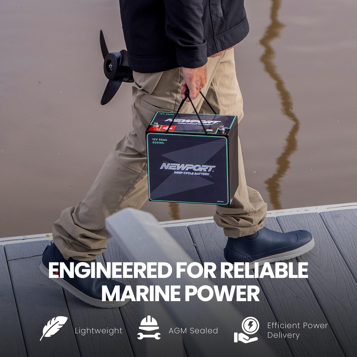 Newport 12V50Ah Deep Cycle Heavy-Duty Marine Battery, Lightweight & Sealed AGM, Trolling Motor Compatible