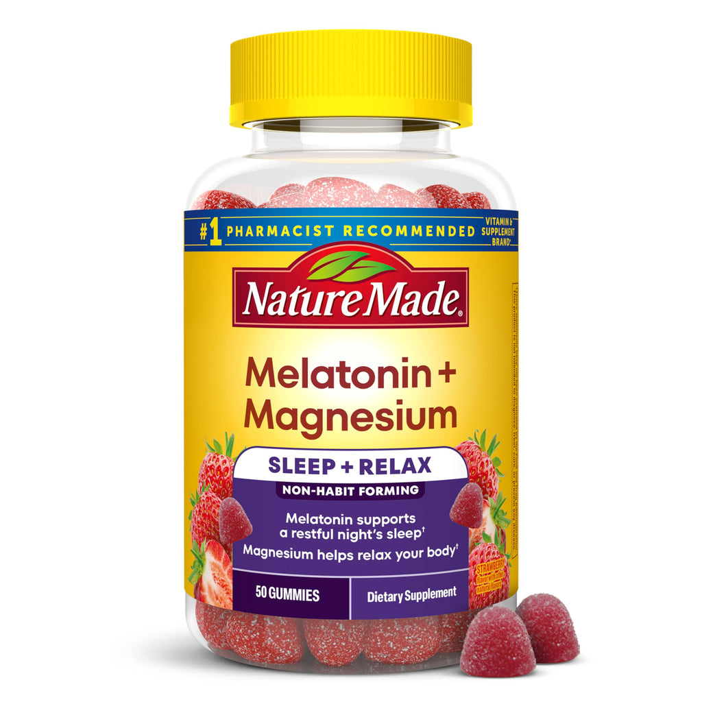 Nature Made Melatonin + Magnesium Gummies, Melatonin 3mg, 50 Gummies | Non-Habit Forming Sleep Aid, Sleep and Relax Support with Magnesium Citrate, Strawberry Flavor, 25 Day Supply