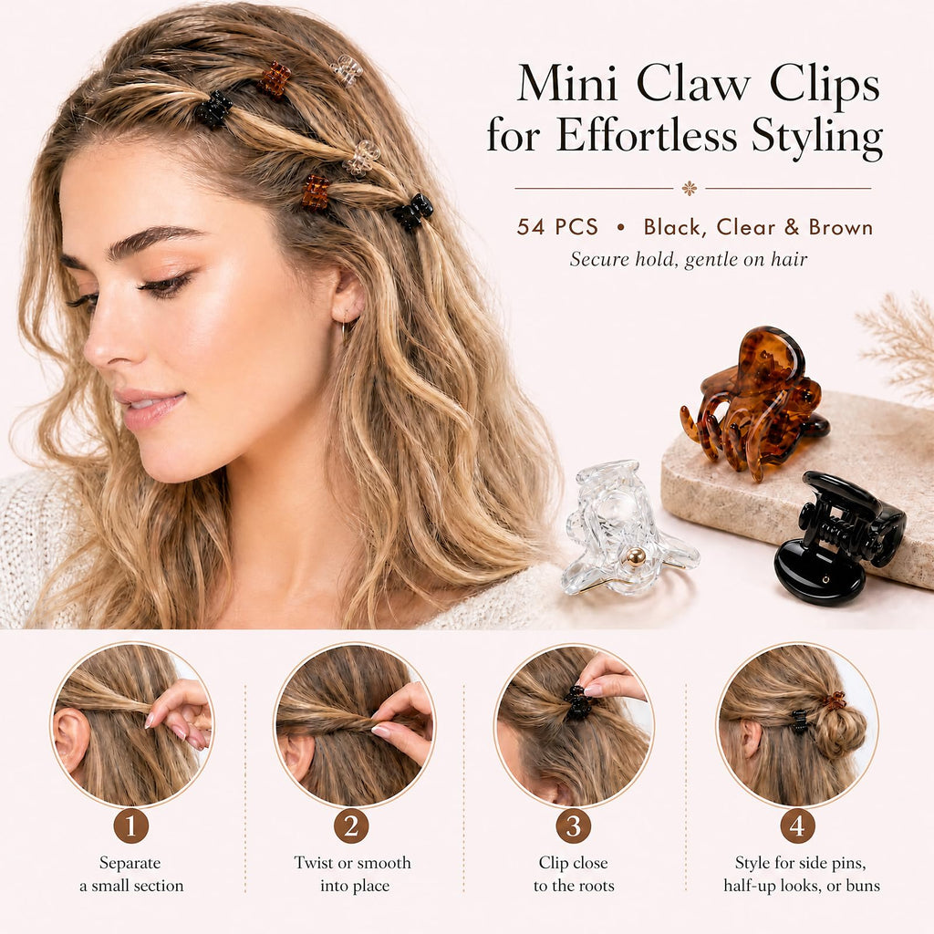 54Pcs Mini Hair Clips for Women, 0.6 in / 1.5 cm Small Claw Clips Without Snagging, Strong Grip Tiny Plastic Hair Clips for Styling Buns, Half-Up Looks, Bangs(Black,Clear,Brown)