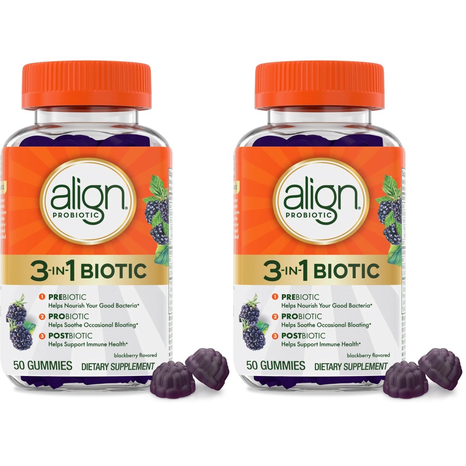 Align Probiotic, 3-in-1 Biotic Gummies, Prebiotic + Probiotic + Postbiotic, #1 Doctor Recommended Probiotic Brand‡, Helps Relieve Occasional Bloating*, BlackBerry Flavor, 50 Gummies