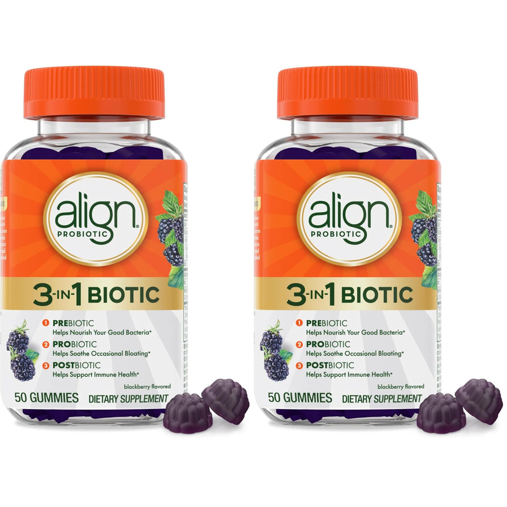 Align Probiotic, 3-in-1 Biotic Gummies, Prebiotic + Probiotic + Postbiotic, #1 Doctor Recommended Probiotic Brand‡, Helps Relieve Occasional Bloating*, BlackBerry Flavor, 50 Gummies