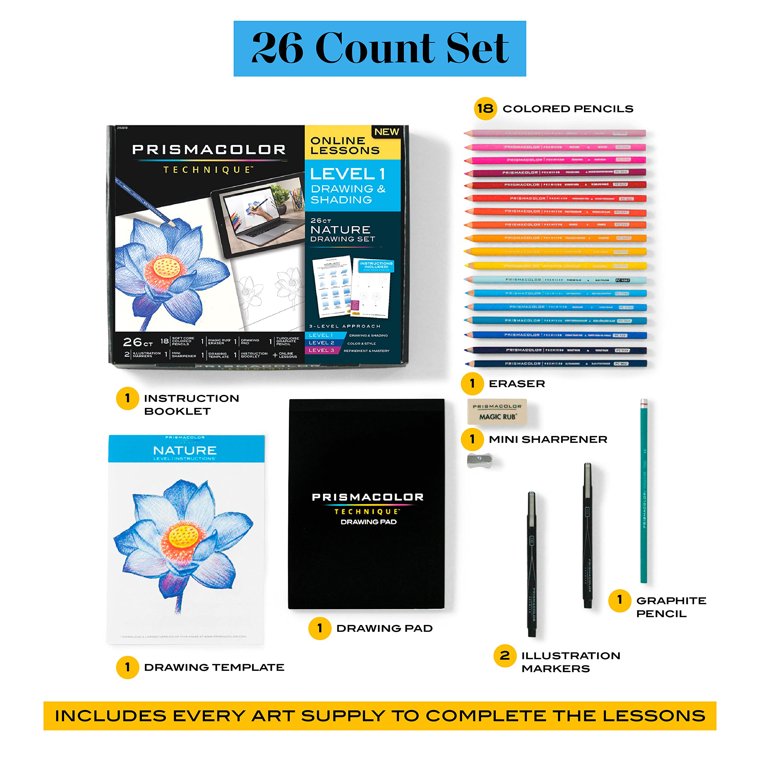 Buy now Prismacolor Technique Art Supplies and Digital Art Lessons Nature Drawing Set Level 1 Learn to Draw with Colored Pencils Graphite Pencils and More Flower Drawing 26 Count at indiglob india