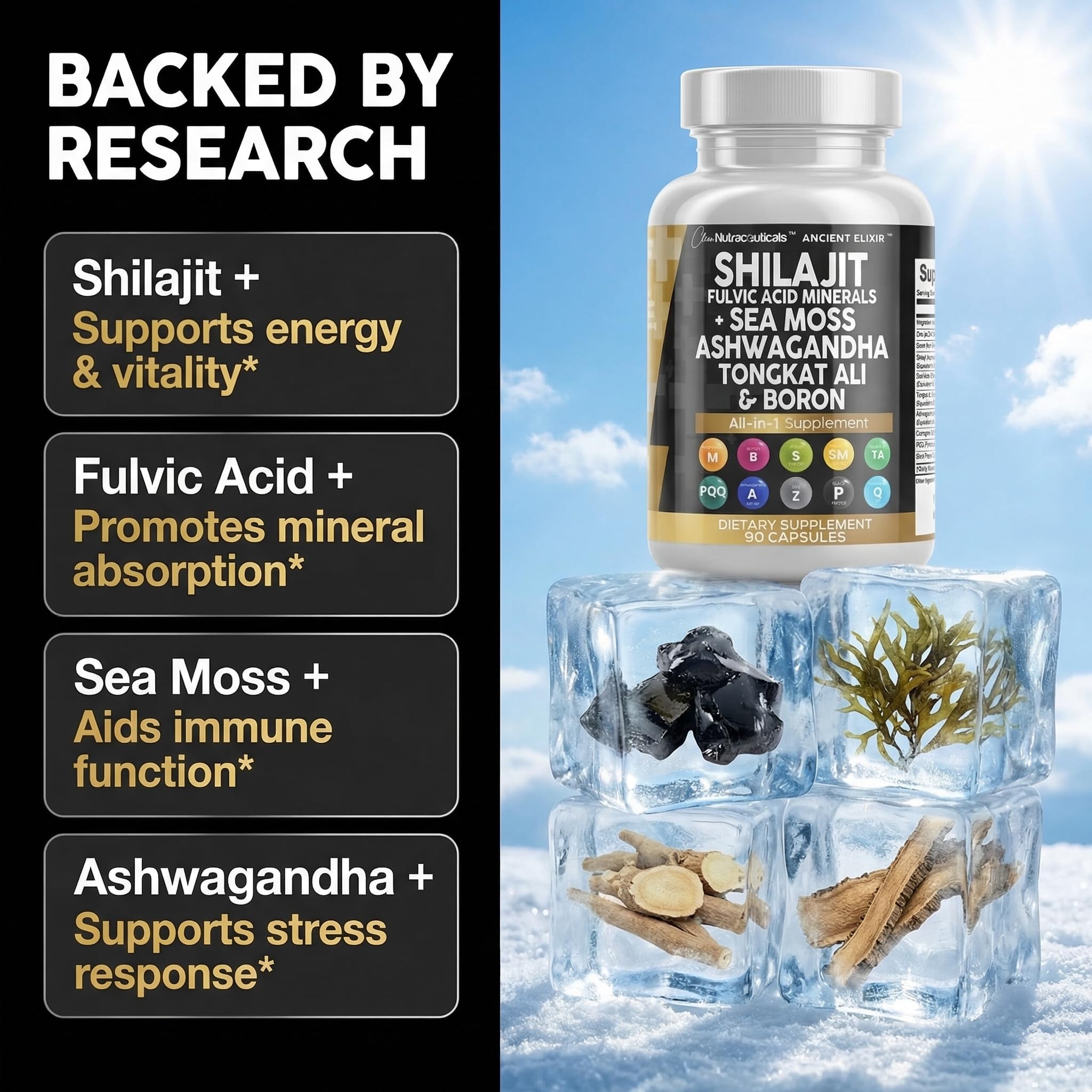 Clean Nutraceuticals Shilajit Supplement for Men with Sea Moss, Tongkat Ali, Ashwagandha, Boron, Zinc, CoQ10, PQQ - Fulvic Acid Capsules - Energy Support - 90 Count - Resin, Gummy & Powder Alternative