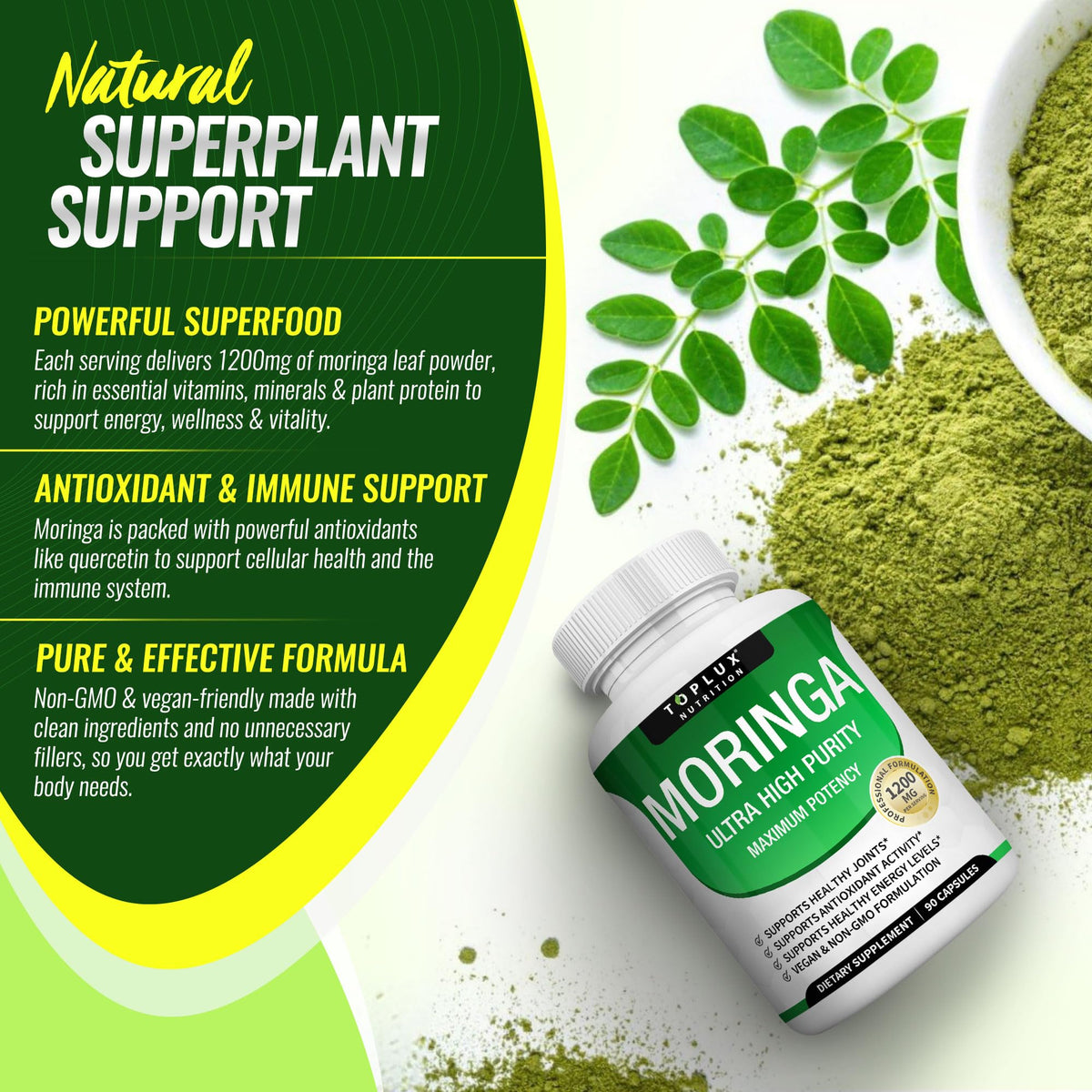 Toplux Moringa Capsules 1200mg – Pure Moringa Powder High Potency Leaf Extract Green Superfood Rich in Antioxidant, for Energy & Immune Support, Vegan Non-GMO 90 Capsules