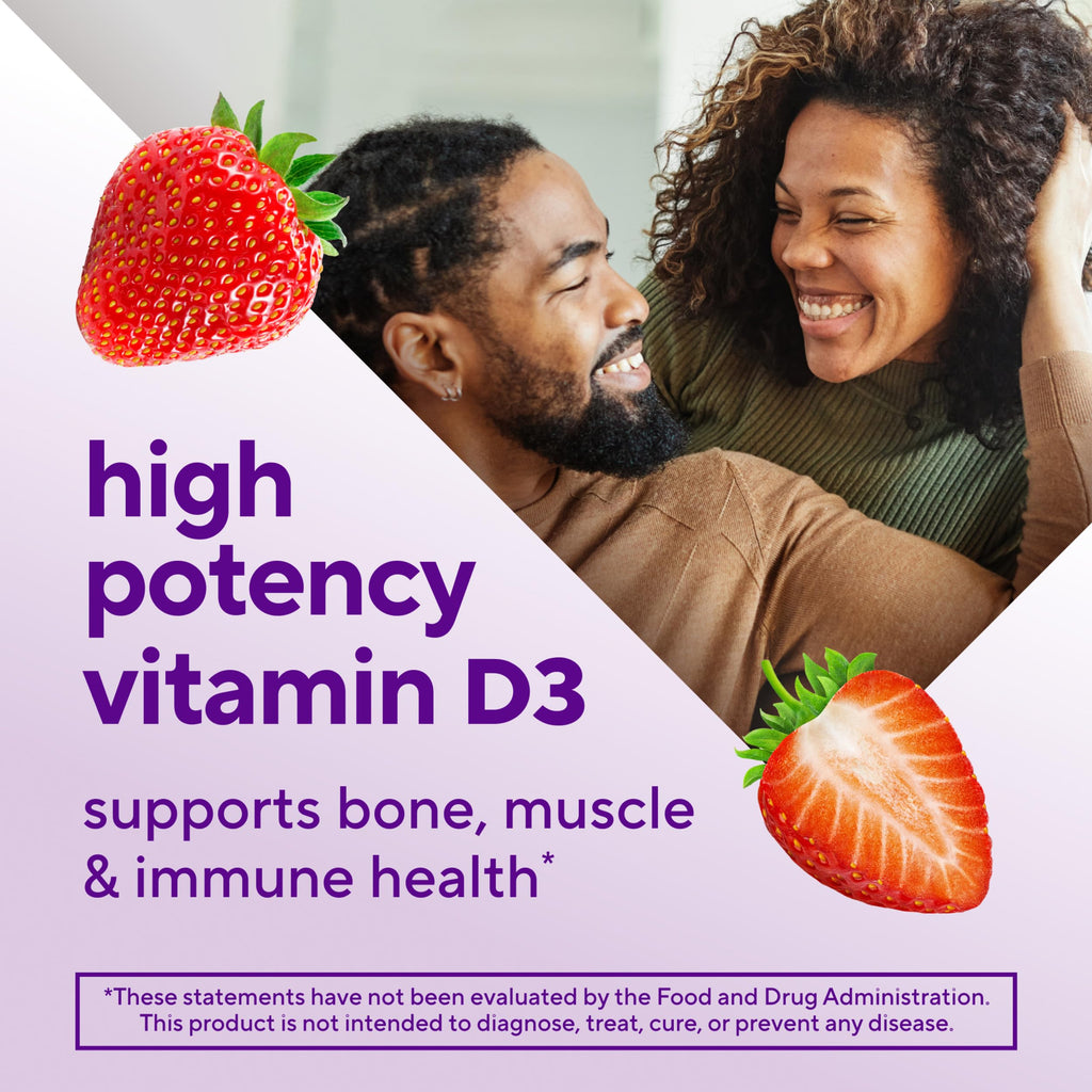 Vitafusion Vitamin D3 Gummies | 75 mcg | 120 Adult Gummy Vitamins | Extra Strength for Women & Men | Strawberry Flavor | Gluten-Free Supplement
