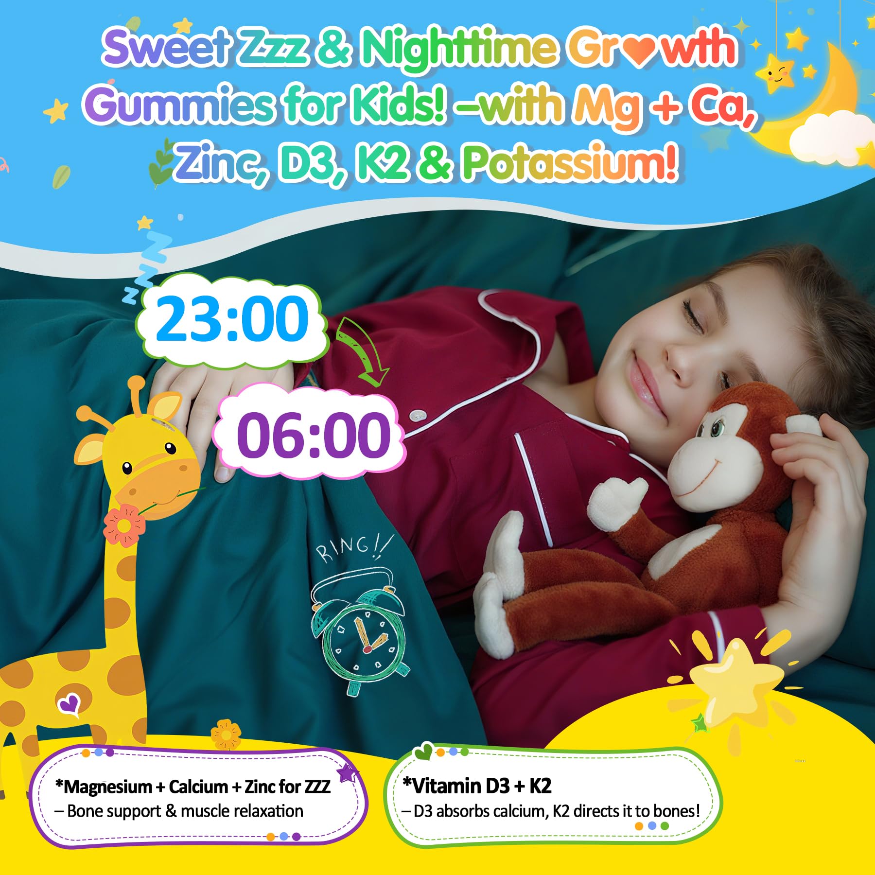 Kids 4+ Magnesium + Saffron Sleep Gummies, Relax Happy Filled Gummy, Bedtime Calcium Zinc, Mineral + Multivitamin Gummies, Melatonin Free | Vitamin D3 K2 | Bone, Only Need 1 Gummy - Sweet Dream Magic