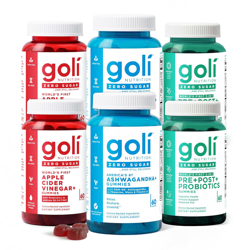 Goli Zero Sugar Trio - World's First 3-in-1 Pre, Post, Probiotic, Apple Cider Vinegar with Vitamin B12 and Probiotics, Ashwagandha & L-Theanine, Vitamin D Gummies, 90 Count (3-Bottle Set)