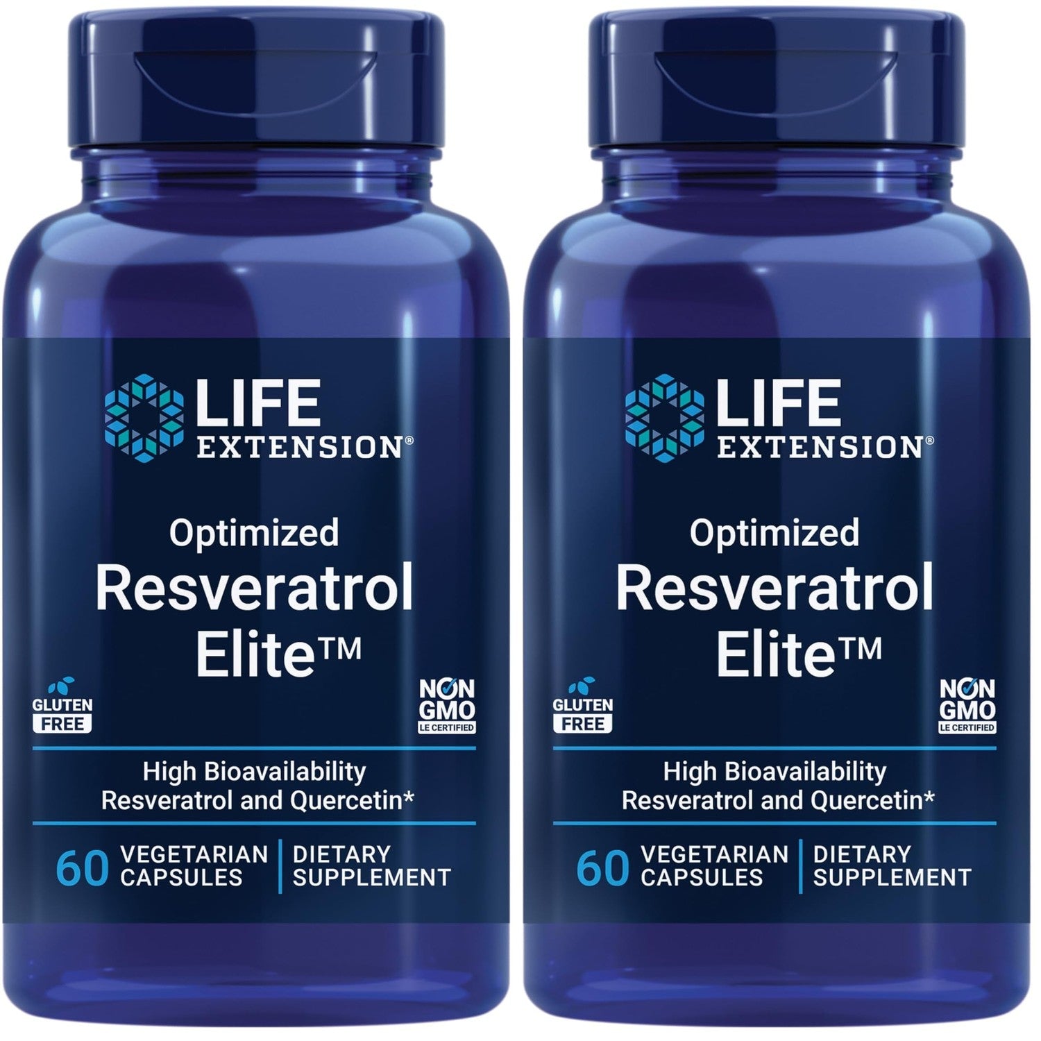 Life Extension Optimized Resveratrol Elite, Trans-resveratrol, quercetin, Healthy Aging, Heart Health, Brain Health, oxidative Stress, Gluten-Free, Non-GMO, Vegetarian, 60 Capsules
