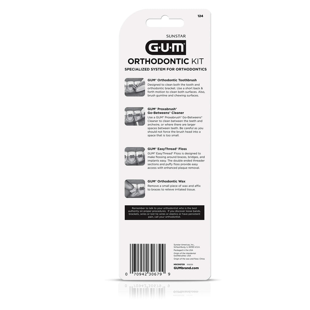 GUM Orthodontic Kit with Toothbrush, 3 Proxabrush Sizes, Shred-Resistant EasyThread Floss and Ortho Wax