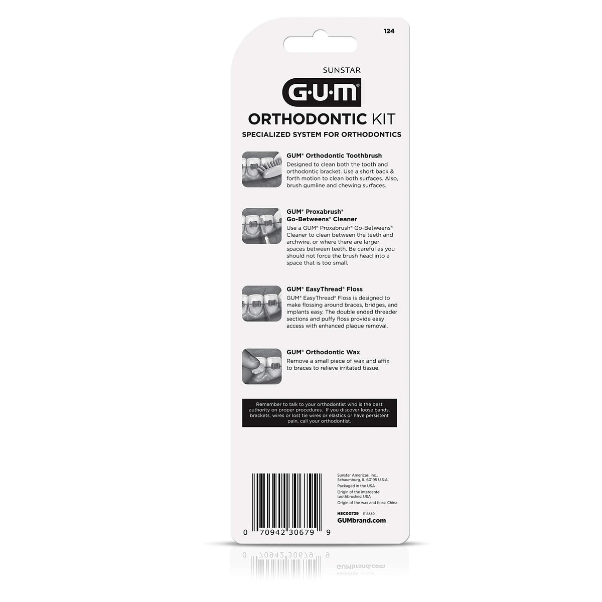 GUM Orthodontic Kit with Toothbrush, 3 Proxabrush Sizes, Shred-Resistant EasyThread Floss and Ortho Wax
