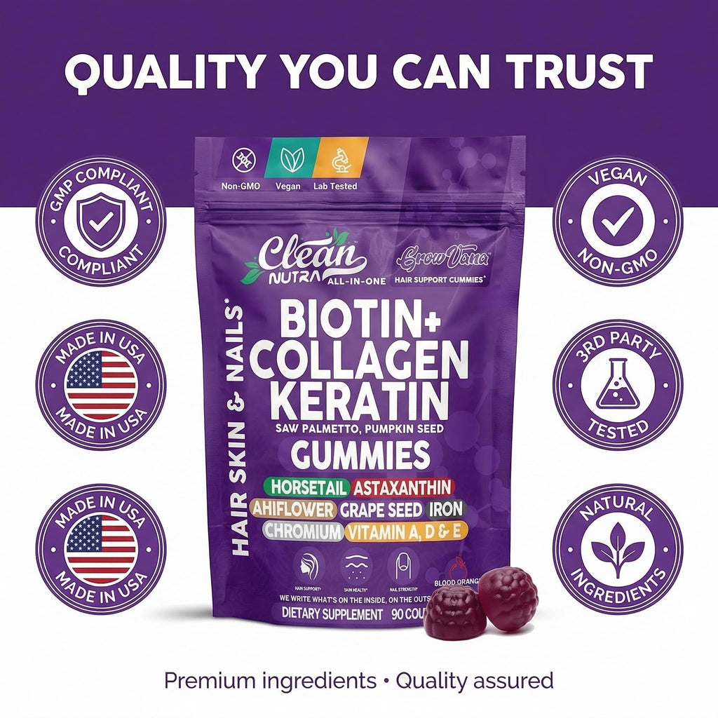 Biotin Gummies for Hair Growth, Hair Vitamins for Women with Collagen Keratin Zinc Saw Palmetto Horsetail Astaxanthin Pumpkin Seed MSM Grape Seed Iron Vitamins A D E, GrowVana by Clean Nutra 90 Count