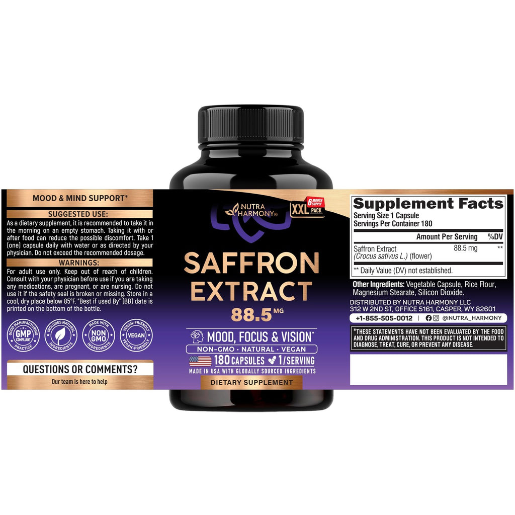 Saffron Supplements - Saffron Extract 88.5mg - Mood & Vision - 180 Capsules | Pure Saffron - Energy Support & Eye Health for Women & Men - Lab Tested - NonGMO Vegan Pills - 180-Day Supply