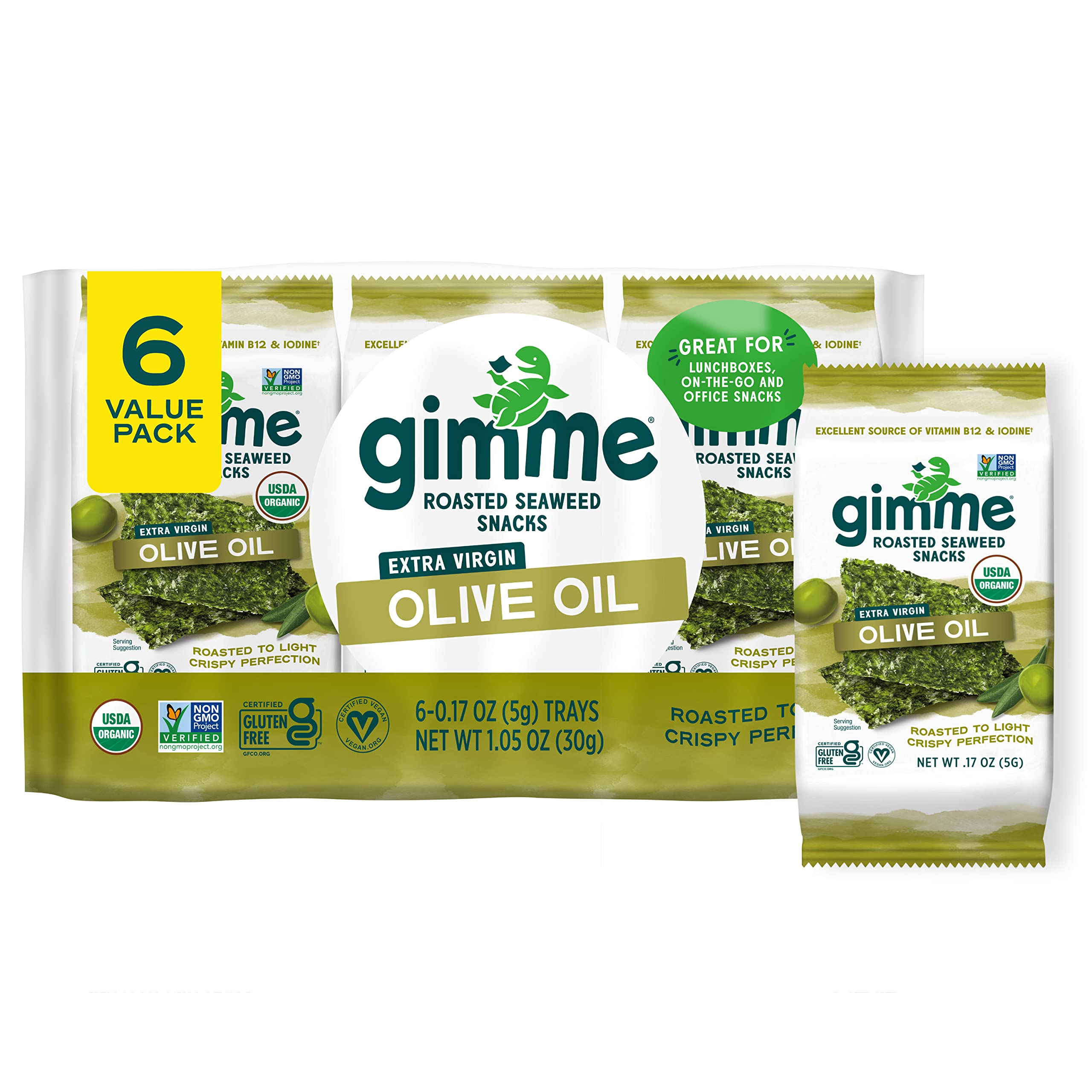 Buy now Gimme Seaweed Organic Premium Roasted Seaweed Snacks, Sea Salt, 6 Count, Keto, Vegan, Gluten-Free, Great Source of Omega3s and Iodine, Healthy On-The-Go Snack for Kids and Adults 6 Count (Pack of 1) #5 Extra Virgin Olive Oil at indiglob india