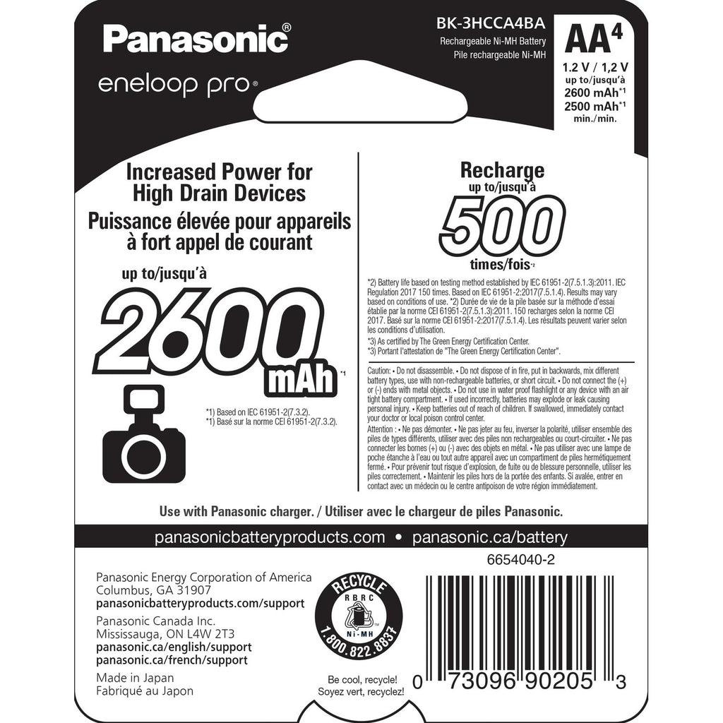 Panasonic BK-3HCCA4BA eneloop pro AA High-Capacity Ni-MH Pre-Charged Rechargeable Batteries, 4-Battery Pack